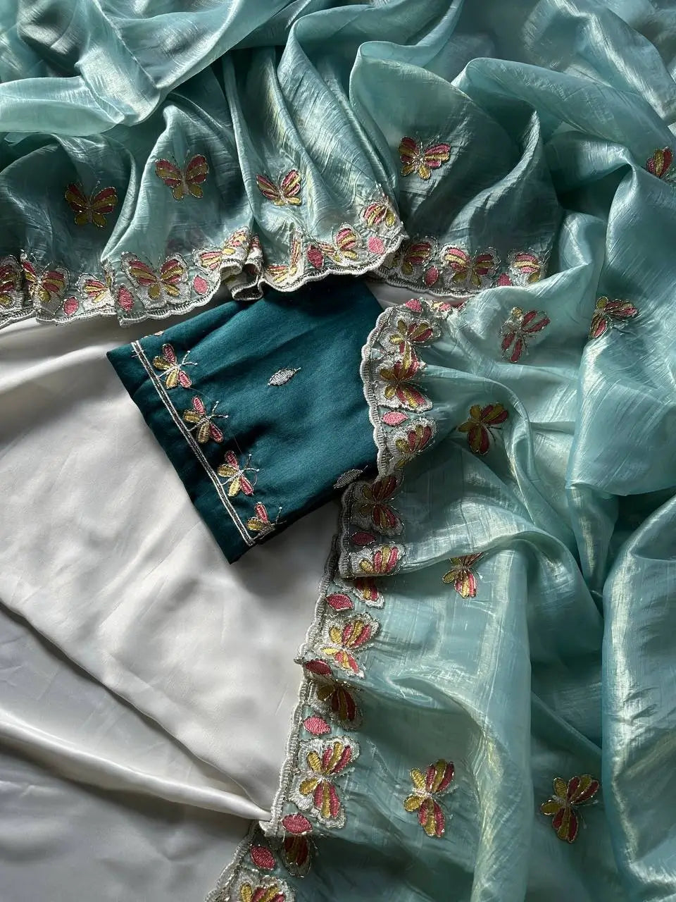 Butterfly Motif Crushed Organza Embroidered Saree