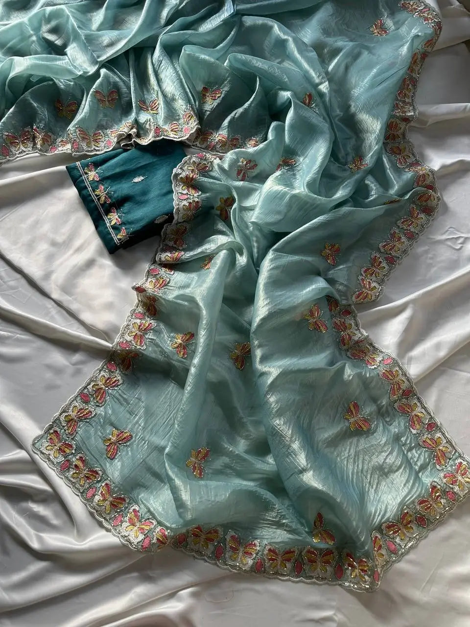 Butterfly Motif Crushed Organza Embroidered Saree