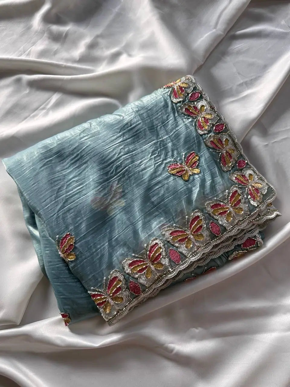 Butterfly Motif Crushed Organza Embroidered Saree