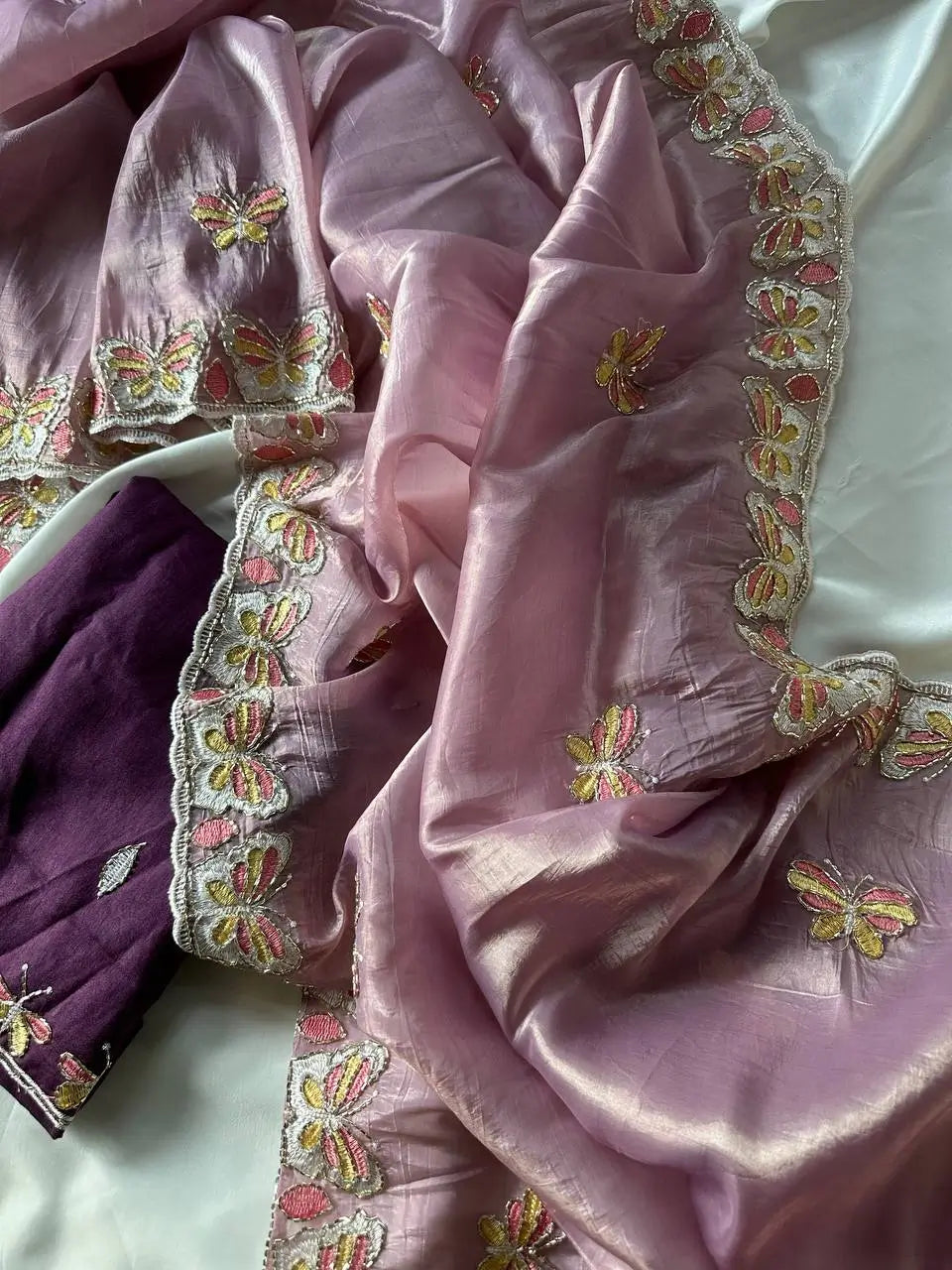 Butterfly Motif Crushed Organza Embroidered Saree