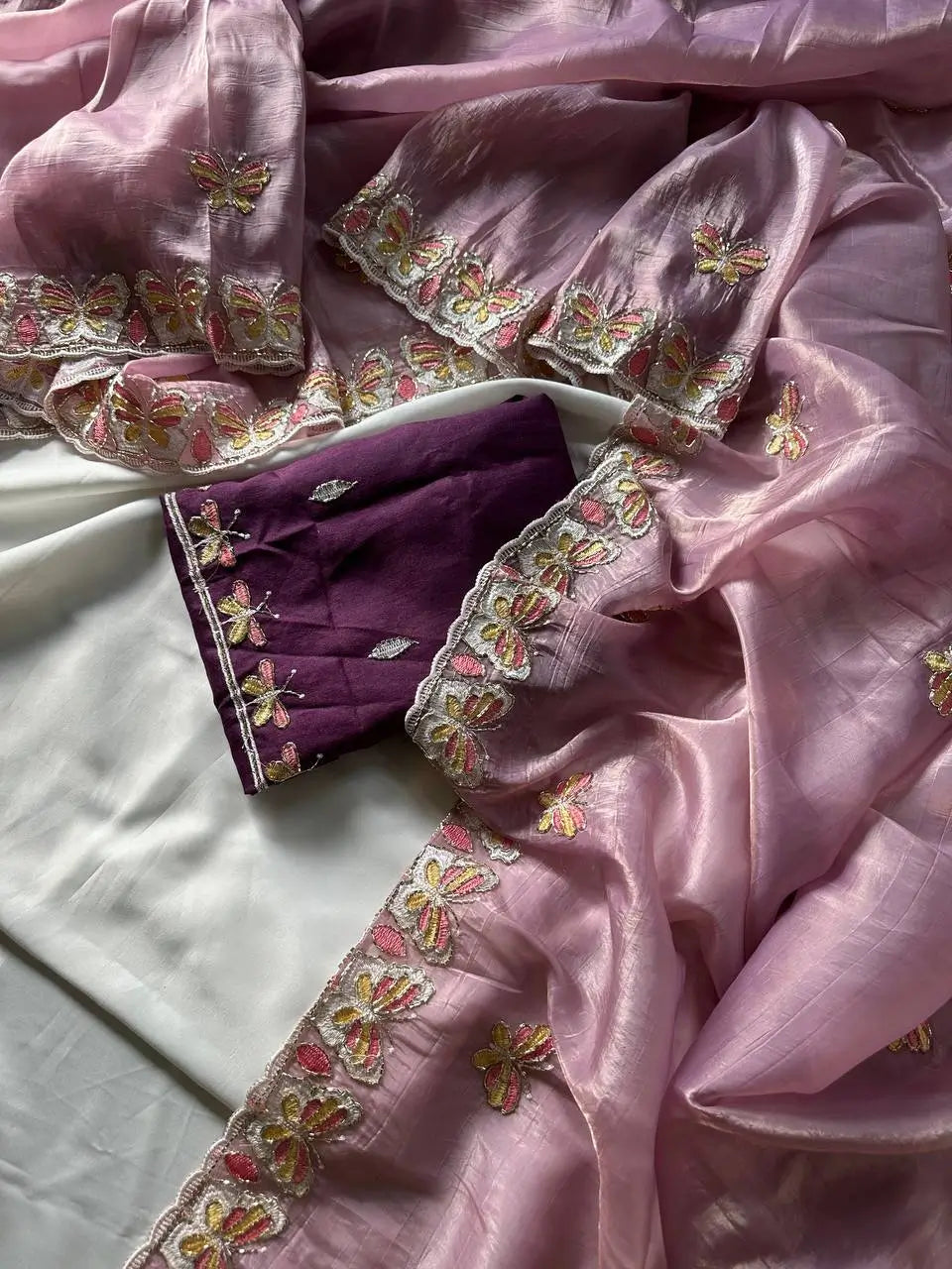 Butterfly Motif Crushed Organza Embroidered Saree