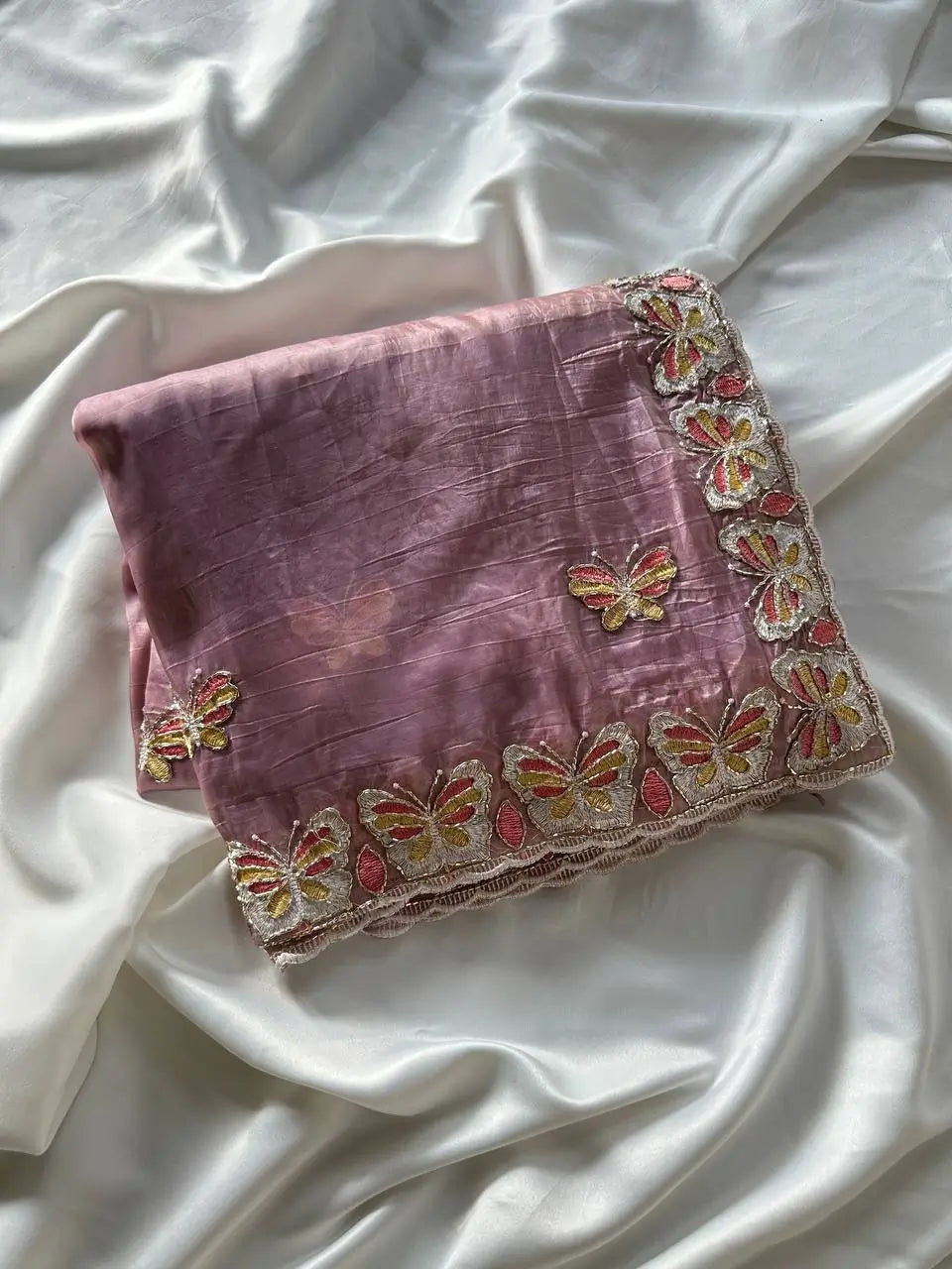 Butterfly Motif Crushed Organza Embroidered Saree