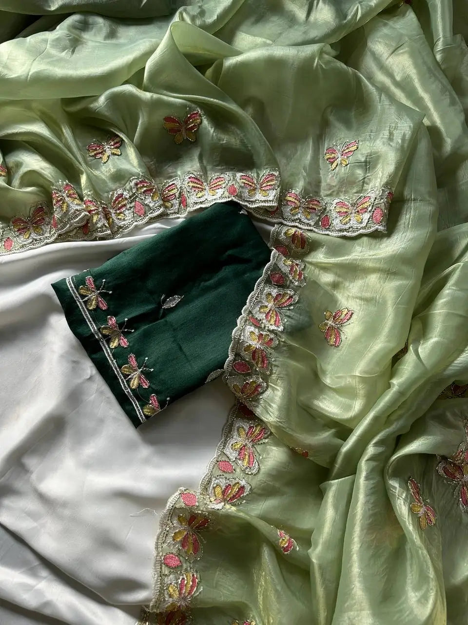 Butterfly Motif Crushed Organza Embroidered Saree