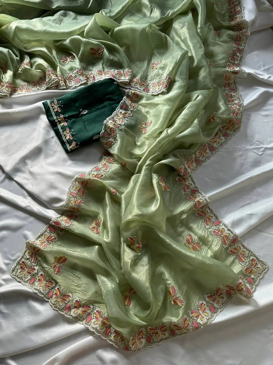 Butterfly Motif Crushed Organza Embroidered Saree