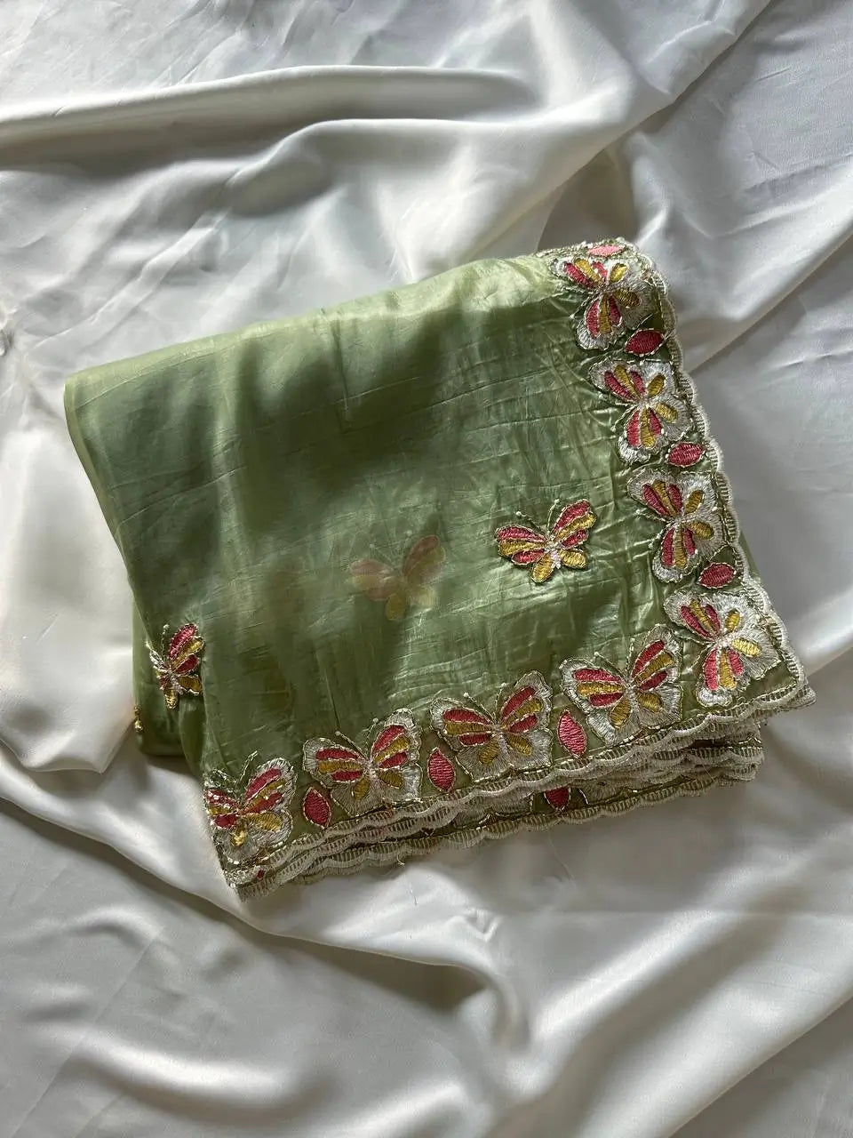 Butterfly Motif Crushed Organza Embroidered Saree