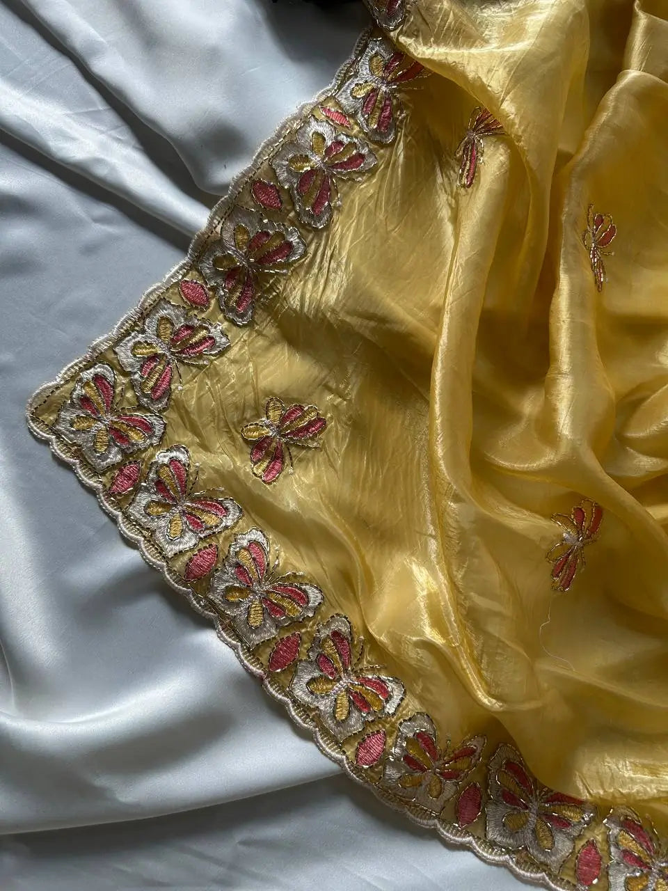 Butterfly Motif Crushed Organza Embroidered Saree