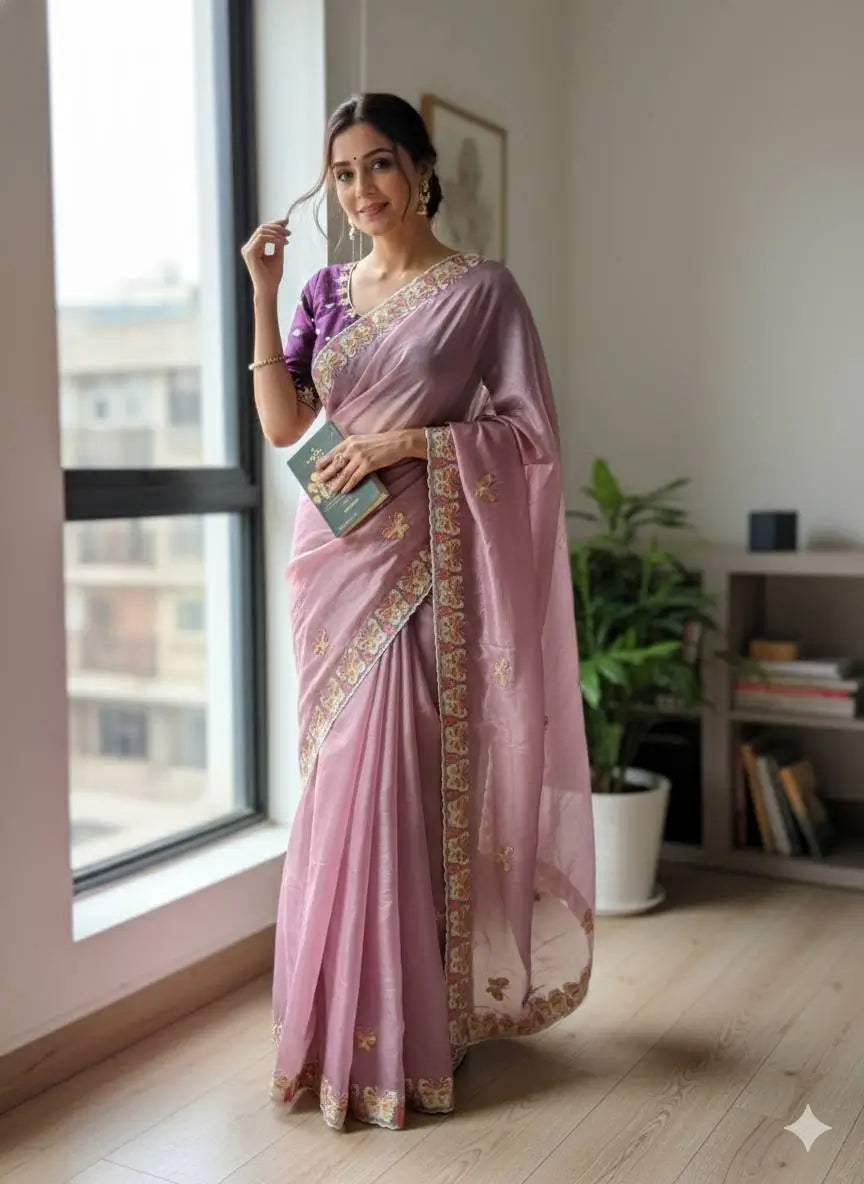 Butterfly Motif Crushed Organza Embroidered Saree