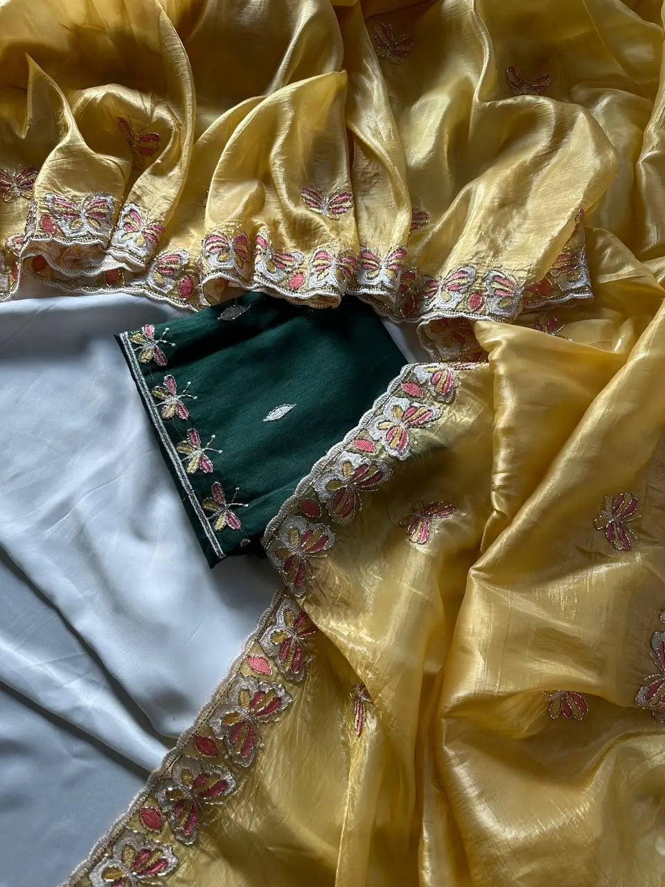 Butterfly Motif Crushed Organza Embroidered Saree