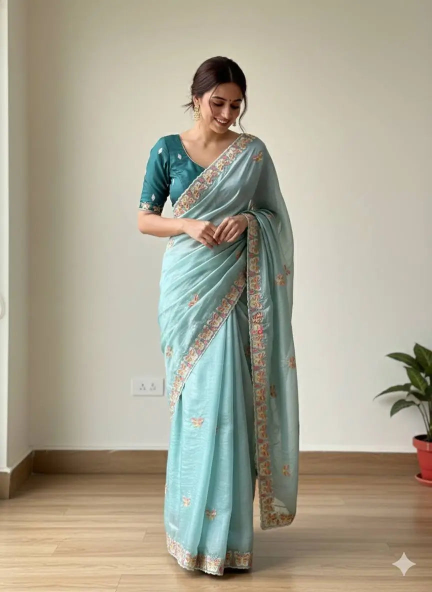 Butterfly Motif Crushed Organza Embroidered Saree