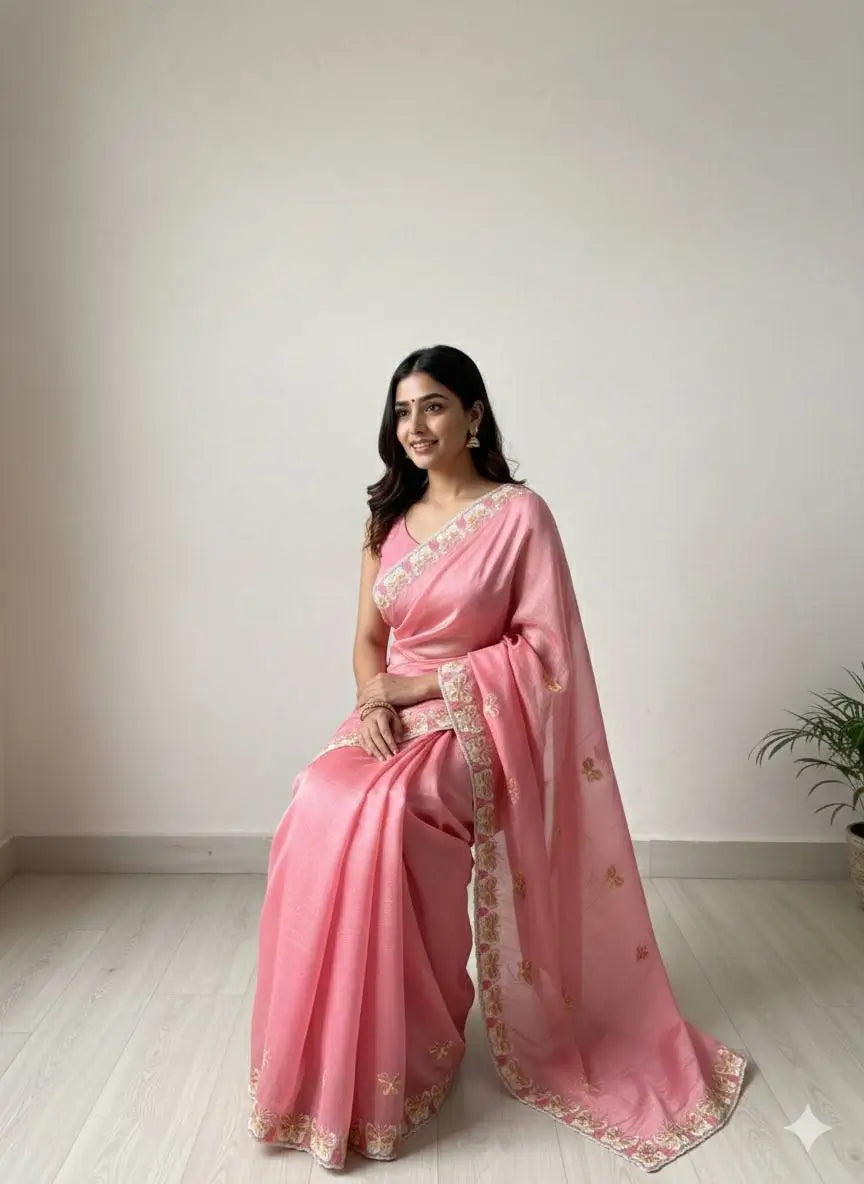 Butterfly Motif Crushed Organza Embroidered Saree