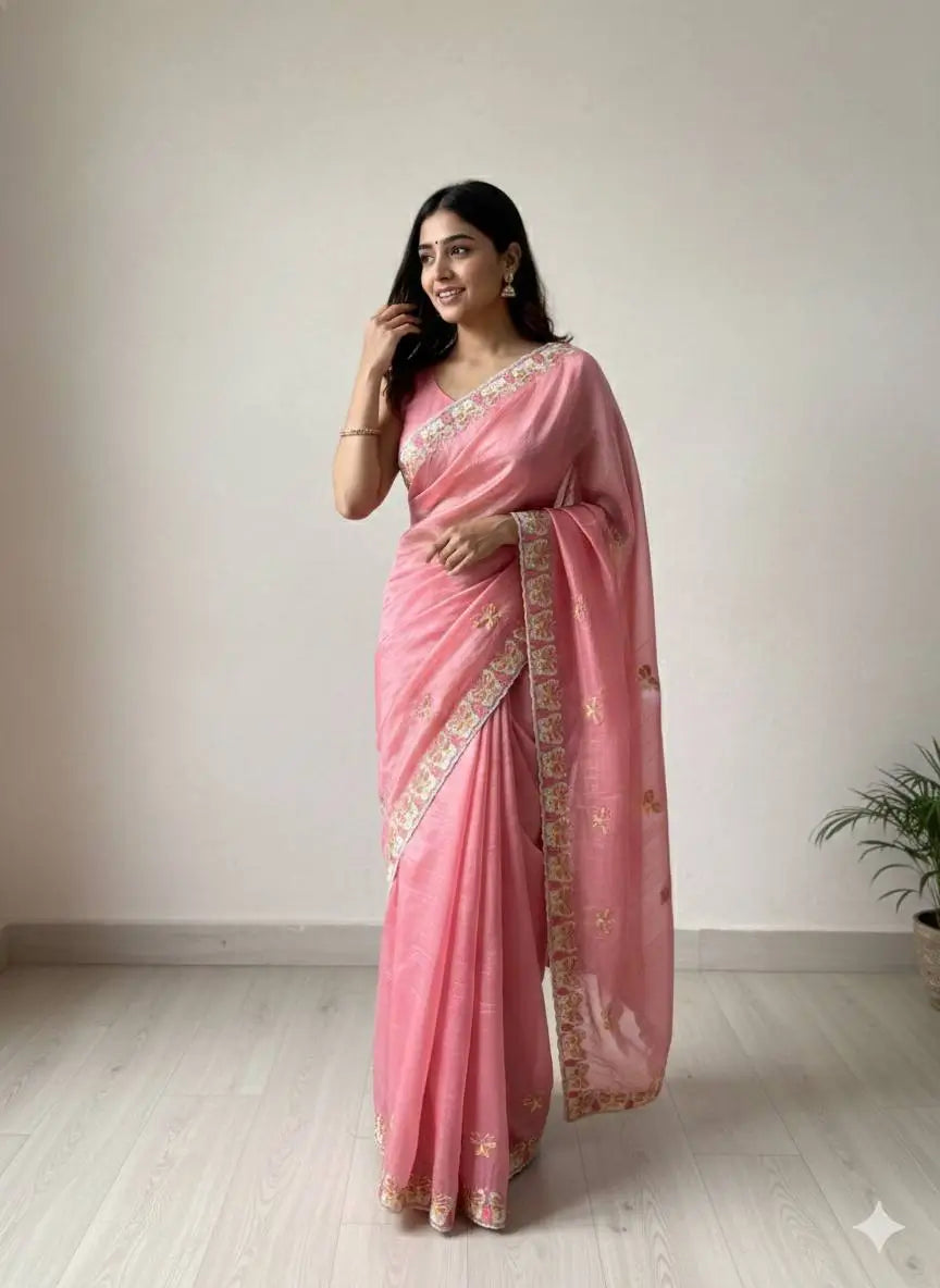 Butterfly Motif Crushed Organza Embroidered Saree