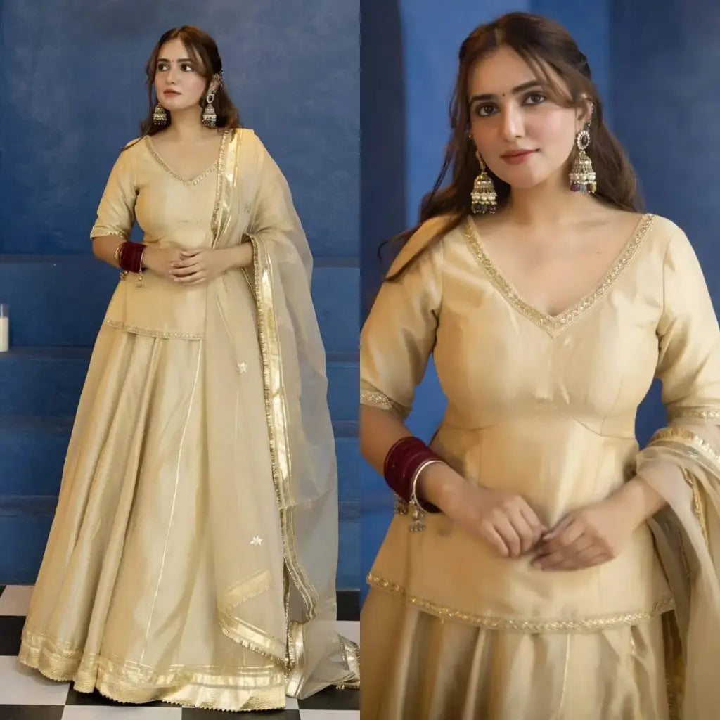 Champagne Beaded Silk Lehenga