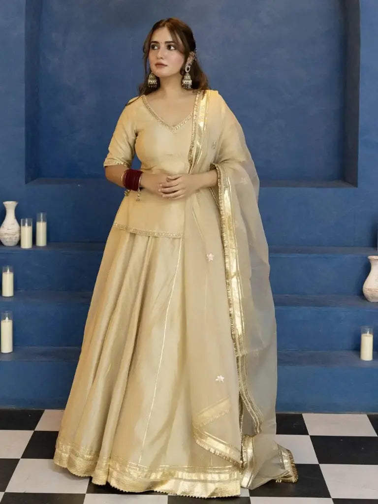 Champagne Beaded Silk Lehenga