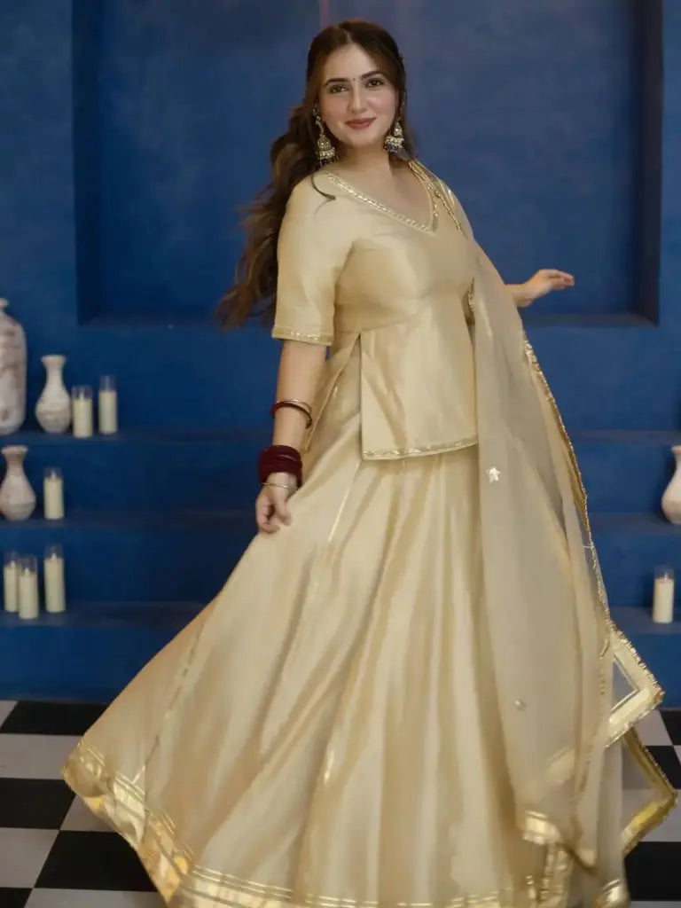 Champagne Beaded Silk Lehenga