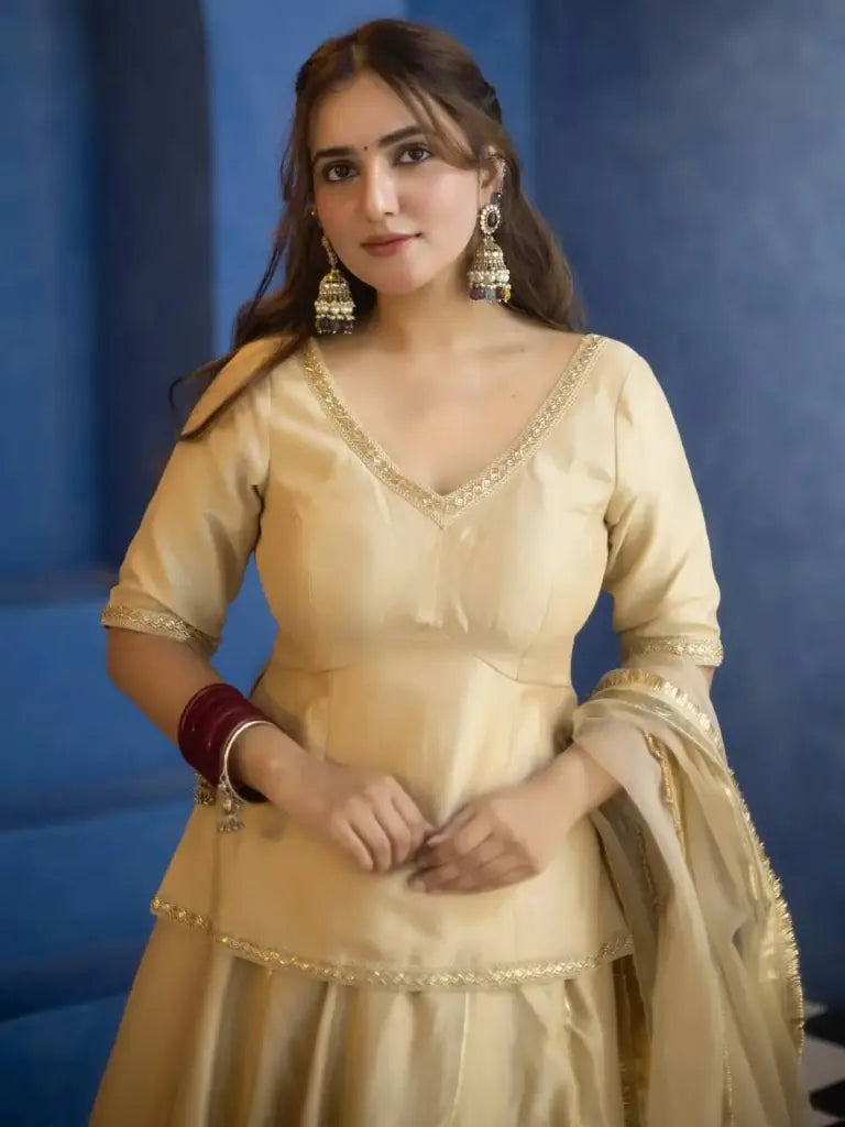 Champagne Beaded Silk Lehenga