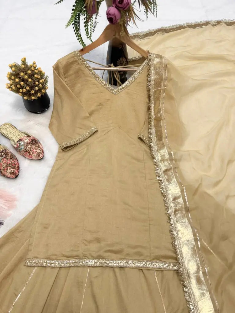 Champagne Beaded Silk Lehenga