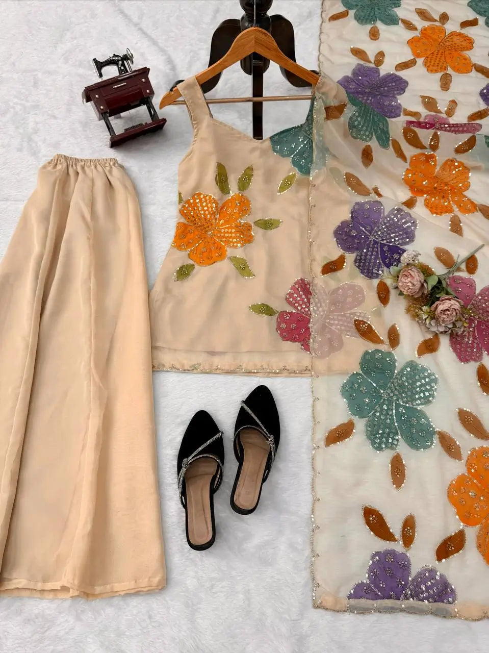 Champagne Beige Floral Sequin Palazzo Suit Set with Organza Dupatta