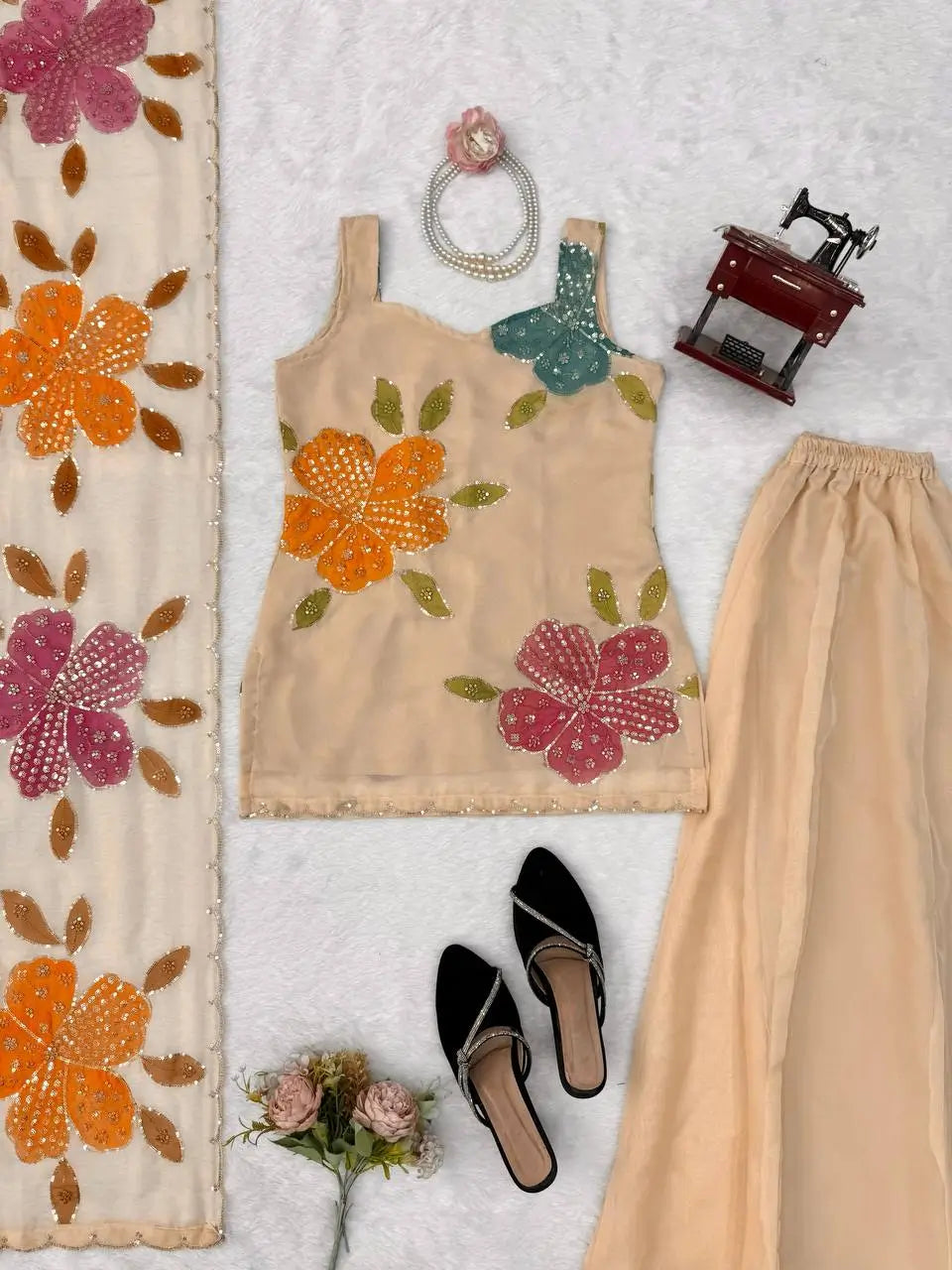 Champagne Beige Floral Sequin Palazzo Suit Set with Organza Dupatta