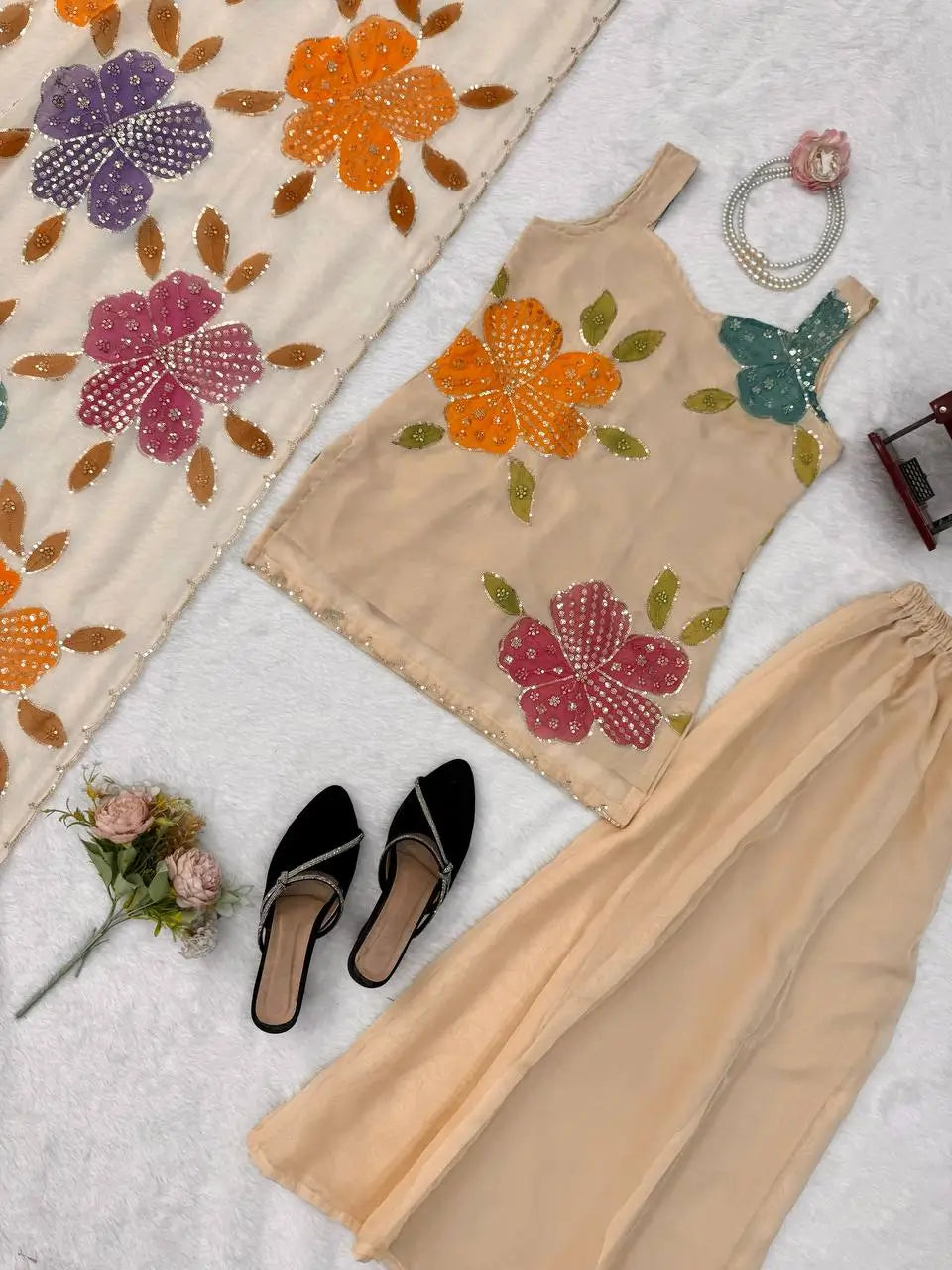 Champagne Beige Floral Sequin Palazzo Suit Set with Organza Dupatta