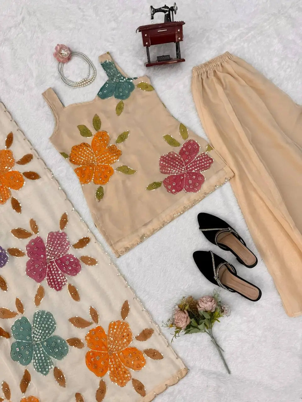 Champagne Beige Floral Sequin Palazzo Suit Set with Organza Dupatta