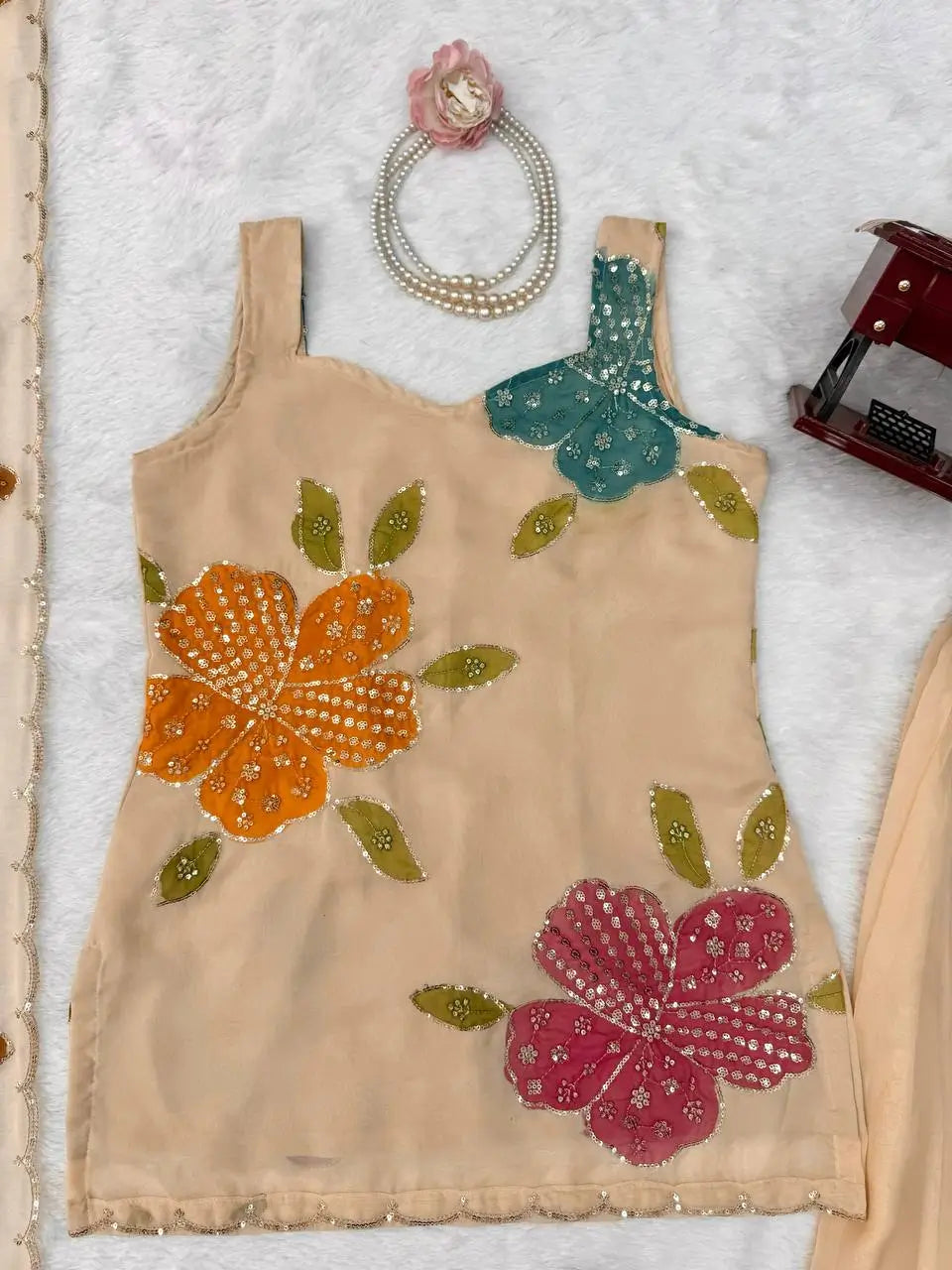Champagne Beige Floral Sequin Palazzo Suit Set with Organza Dupatta