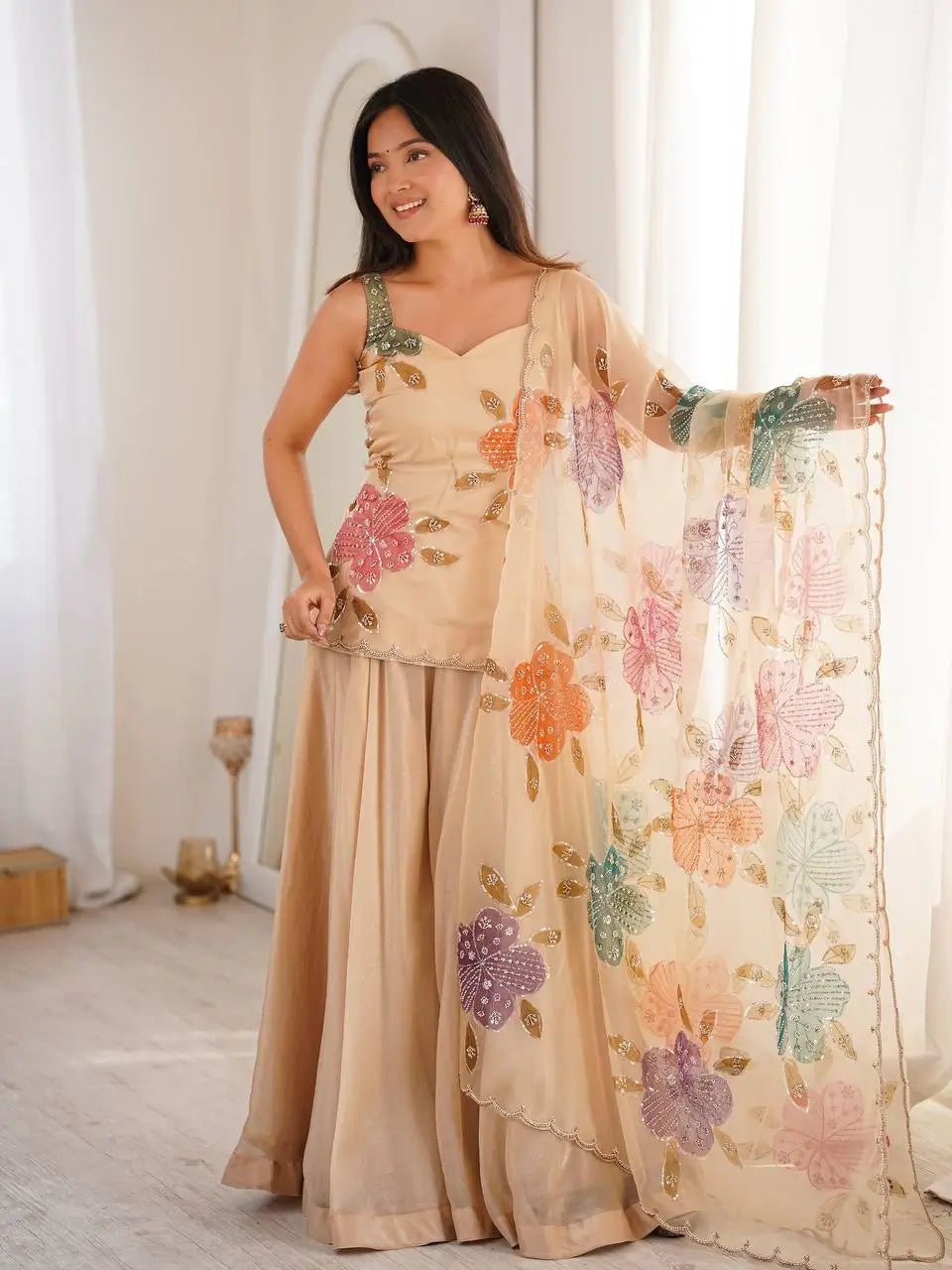 Champagne Beige Floral Sequin Palazzo Suit Set with Organza Dupatta
