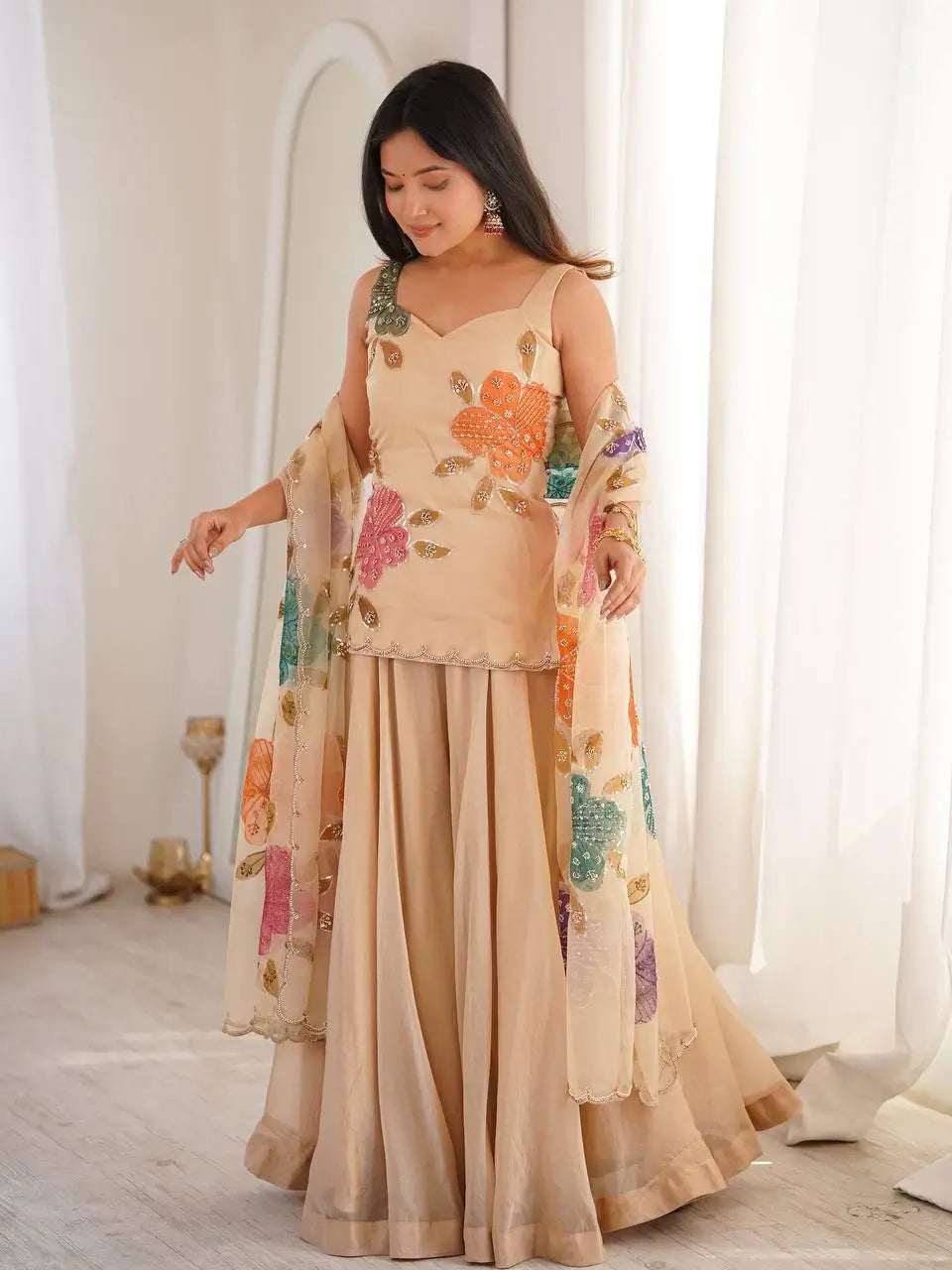 Champagne Beige Floral Sequin Palazzo Suit Set with Organza Dupatta