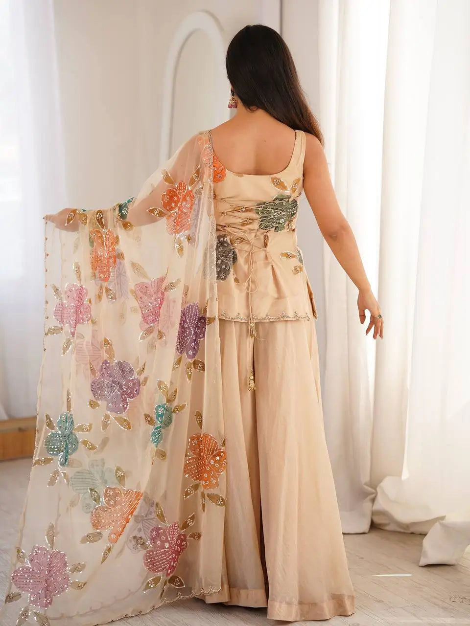 Champagne Beige Floral Sequin Palazzo Suit Set with Organza Dupatta