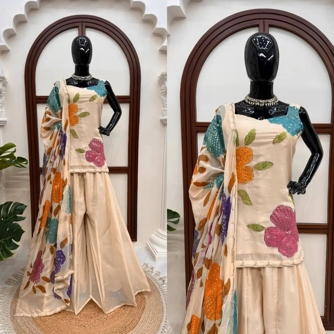 Champagne Beige Floral Sequin Palazzo Suit Set with Organza Dupatta
