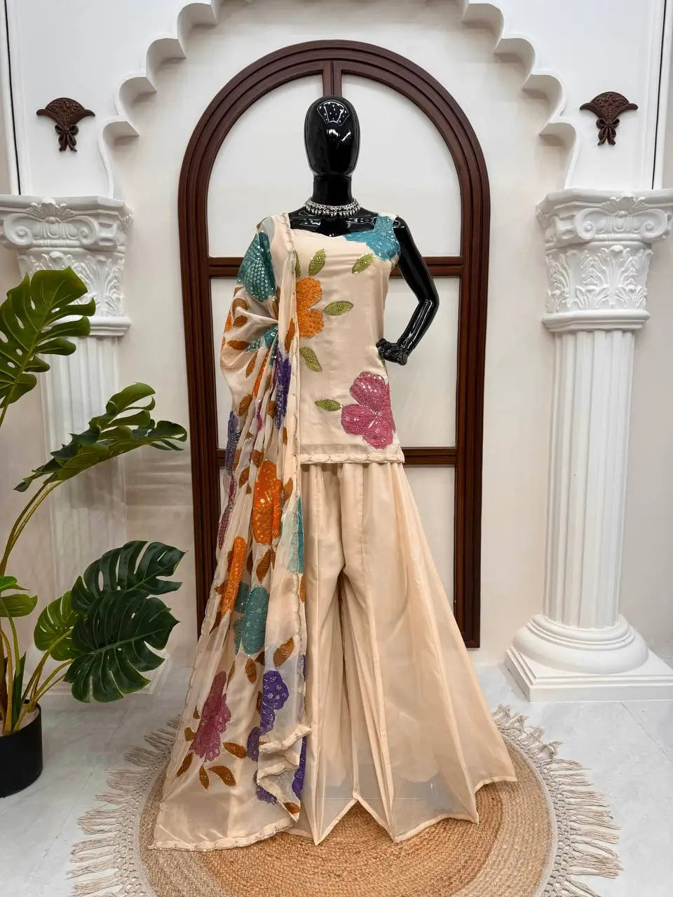 Champagne Beige Floral Sequin Palazzo Suit Set with Organza Dupatta