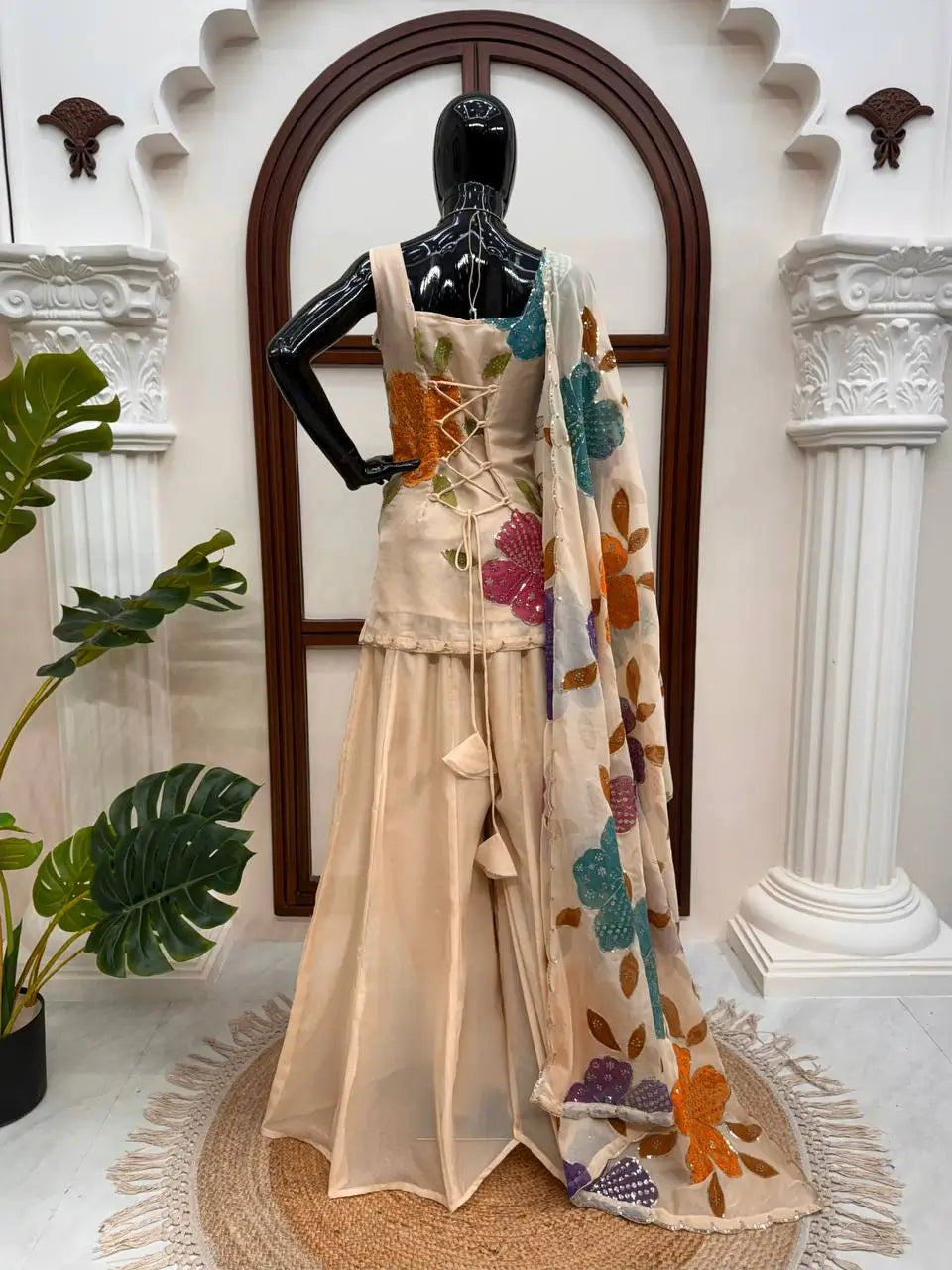 Champagne Beige Floral Sequin Palazzo Suit Set with Organza Dupatta