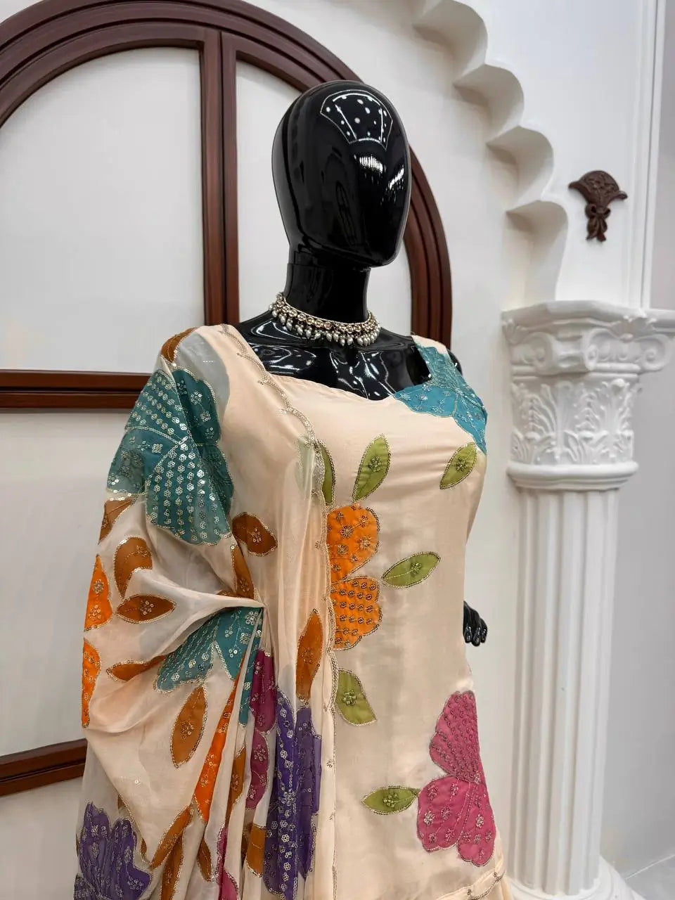 Champagne Beige Floral Sequin Palazzo Suit Set with Organza Dupatta