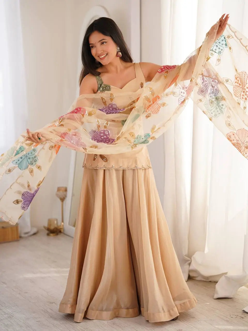Champagne Beige Floral Sequin Palazzo Suit Set with Organza Dupatta