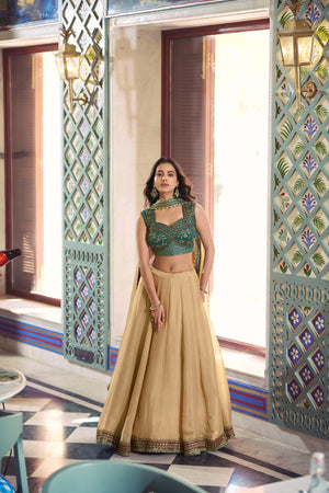 Champagne Fendi Lehenga with Teal Blouse
