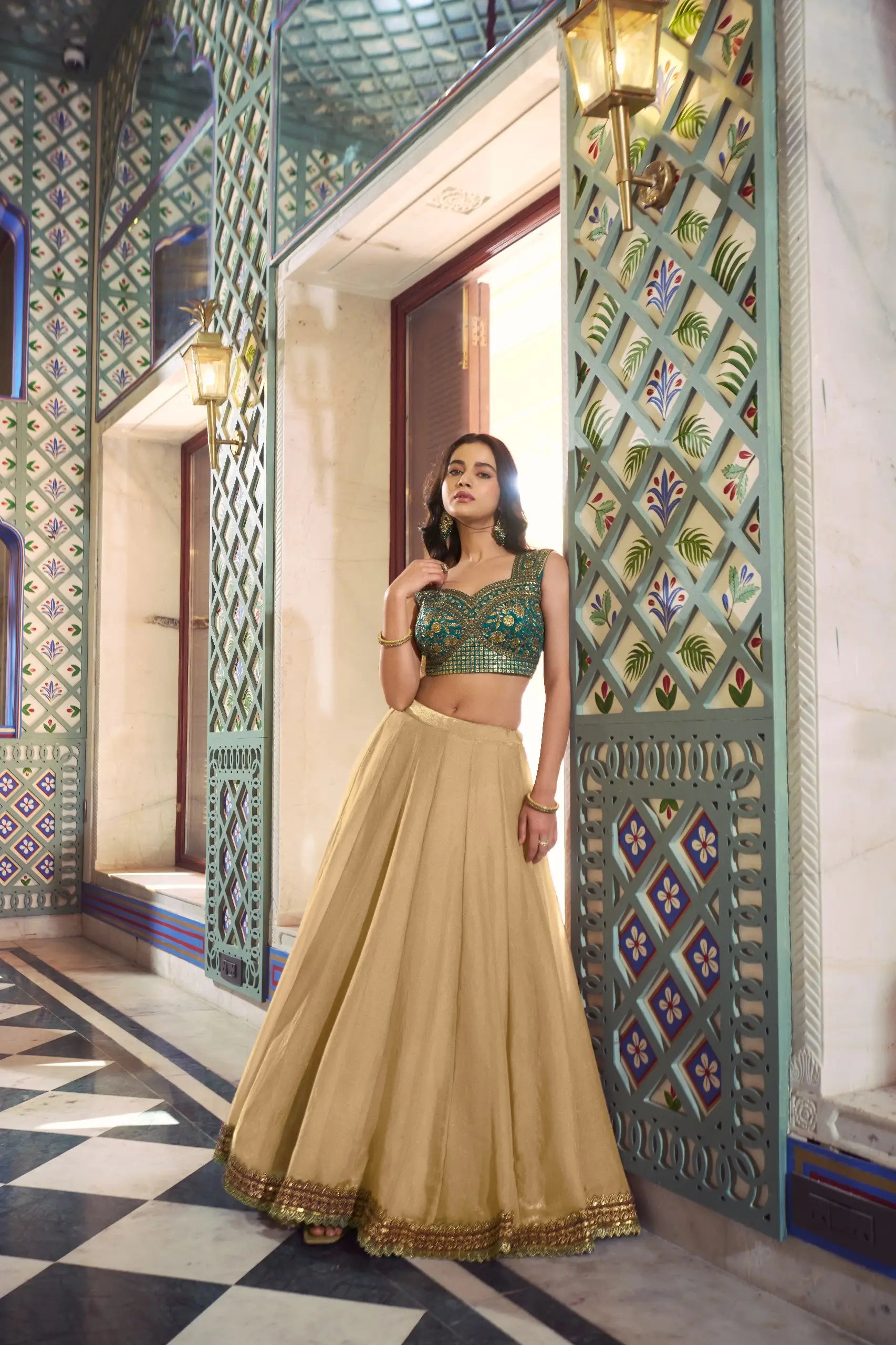 Champagne Fendi Lehenga with Teal Blouse