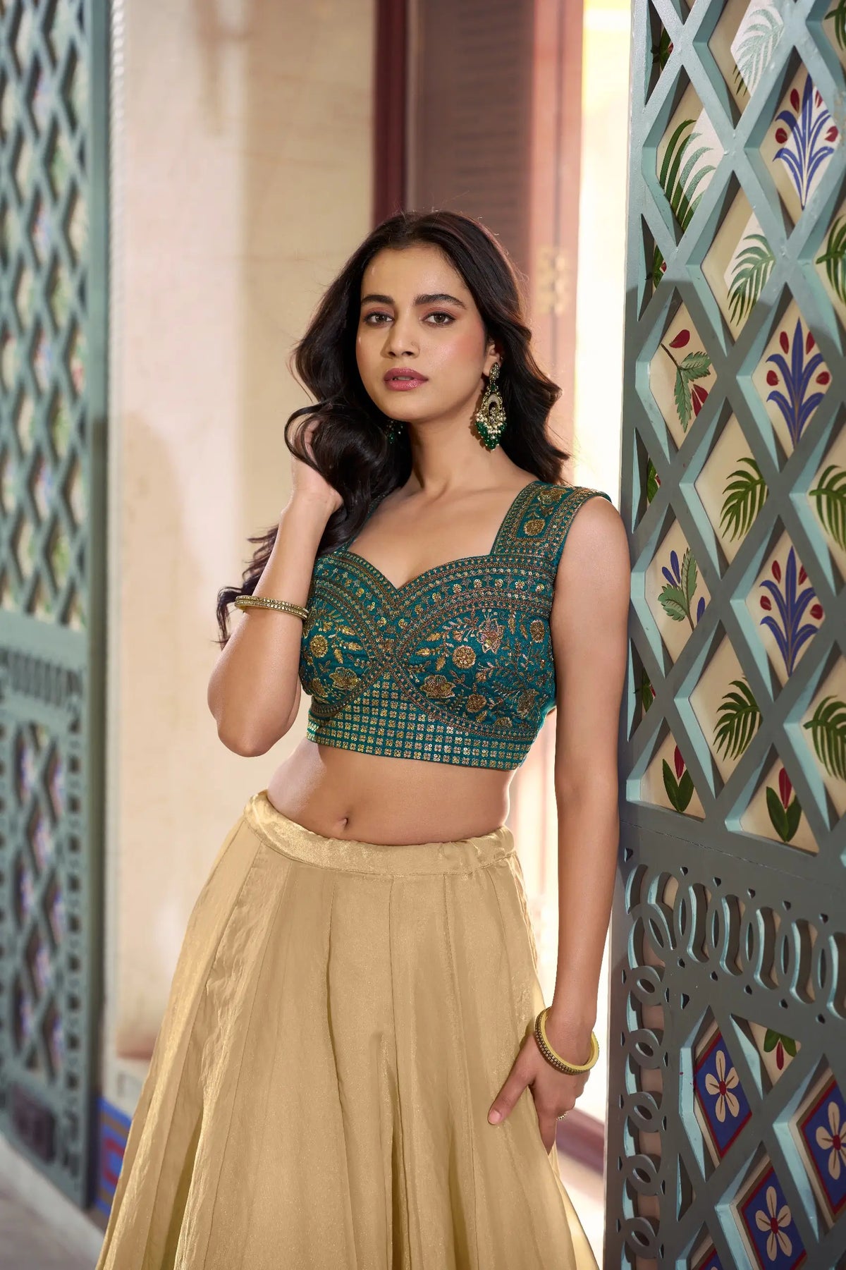 Champagne Fendi Lehenga with Teal Blouse