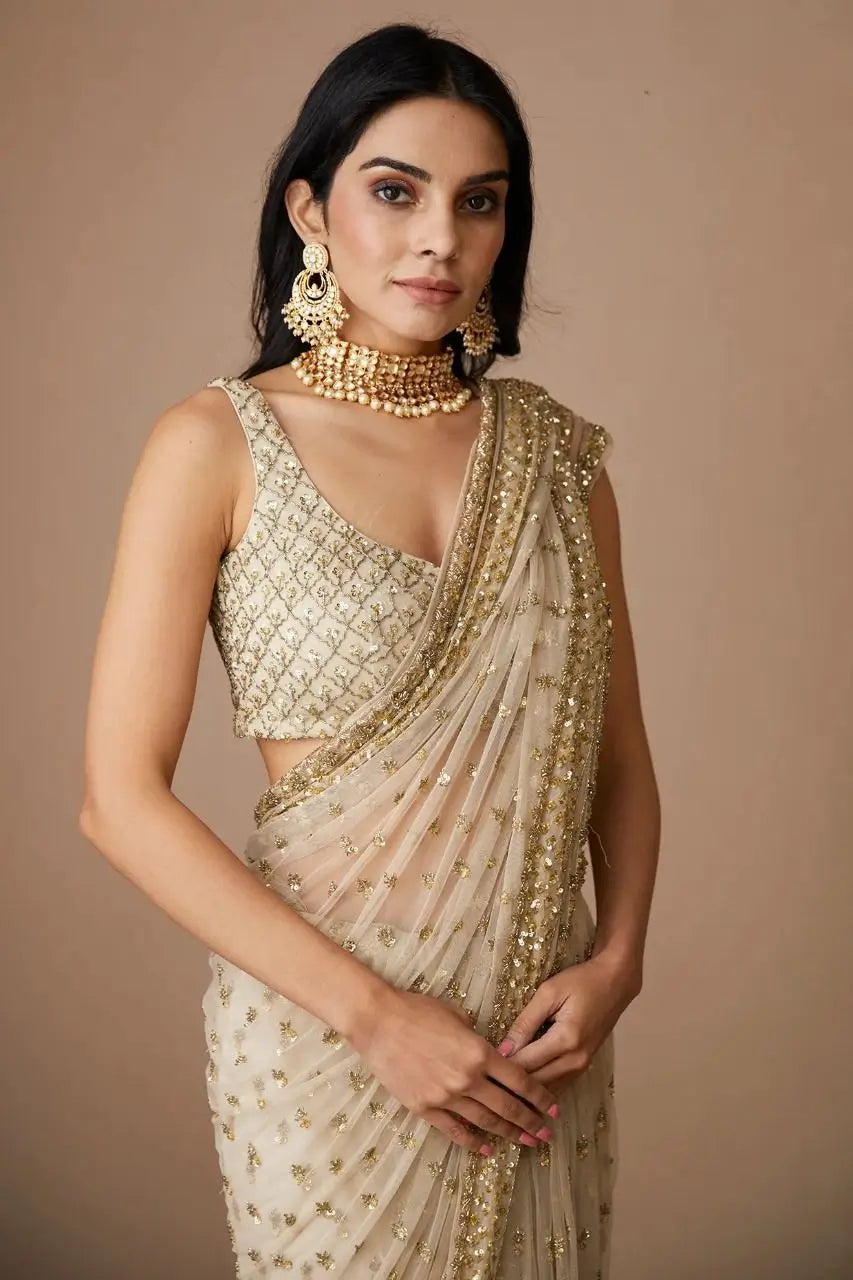 Champagne Gold Butterfly Net Saree with Sequins Dori Embroidery & Mono Benglory Blouse