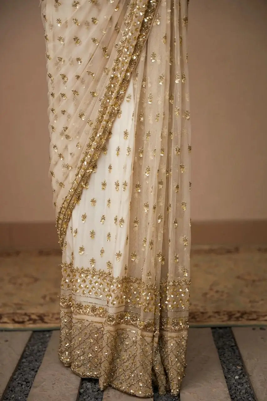 Champagne Gold Butterfly Net Saree with Sequins Dori Embroidery & Mono Benglory Blouse