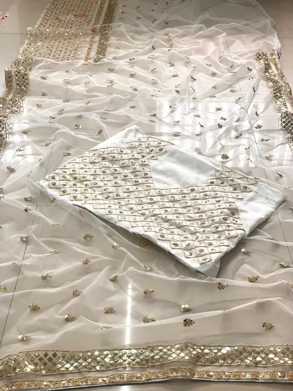 Champagne Gold Butterfly Net Saree with Sequins Dori Embroidery & Mono Benglory Blouse