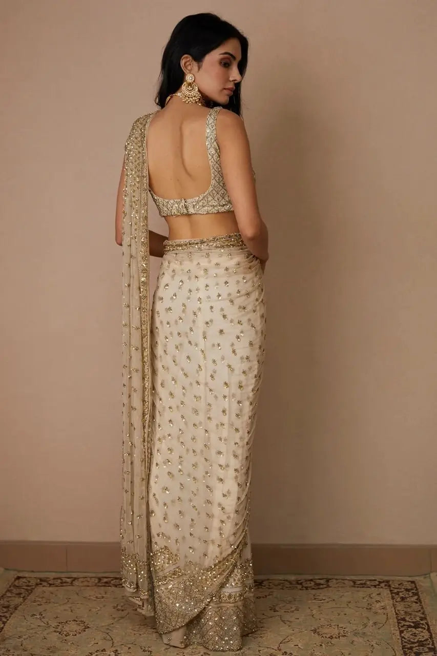 Champagne Gold Butterfly Net Saree with Sequins Dori Embroidery & Mono Benglory Blouse