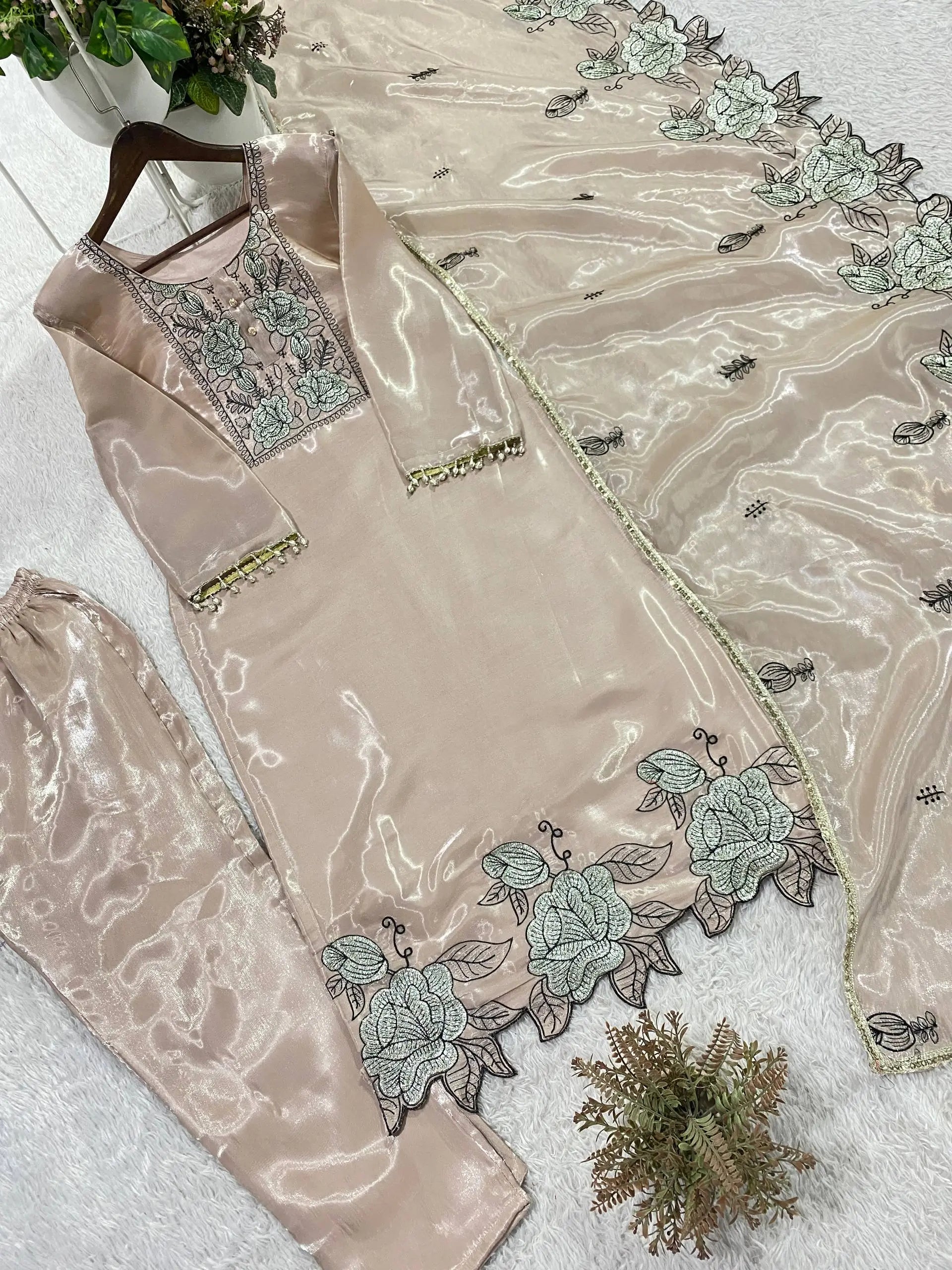 Champagne Organza Silk Embroidered Kurta Pant Dupatta Set for Festive and Elegant Occasions