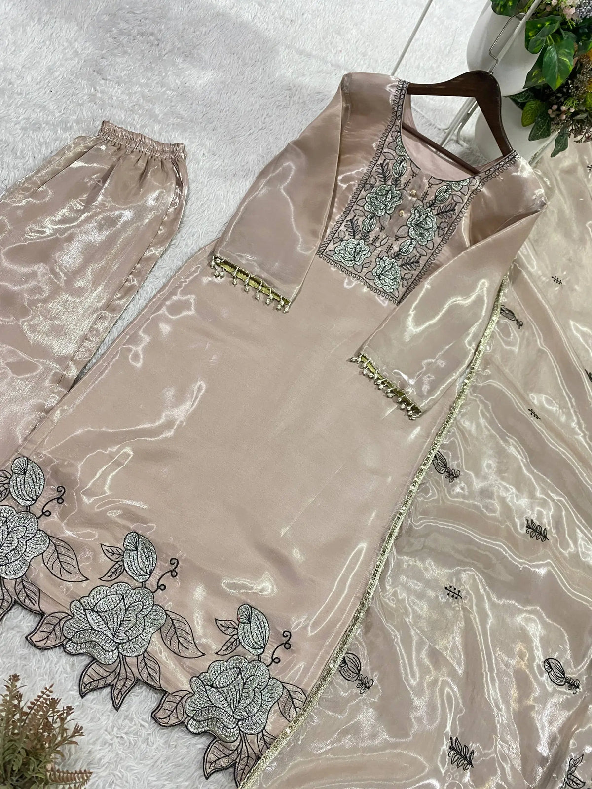 Champagne Organza Silk Embroidered Kurta Pant Dupatta Set for Festive and Elegant Occasions