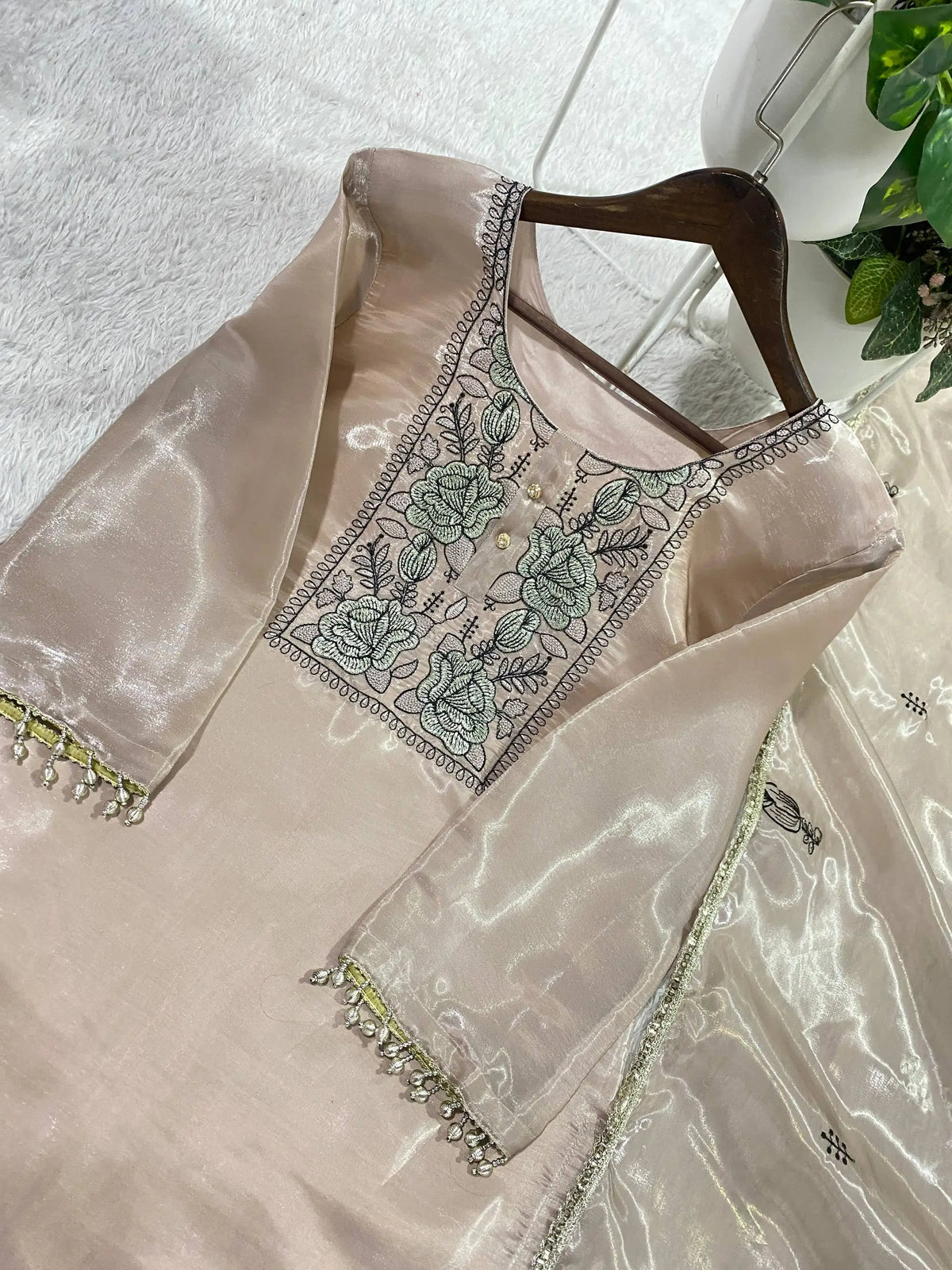 Champagne Organza Silk Embroidered Kurta Pant Dupatta Set for Festive and Elegant Occasions