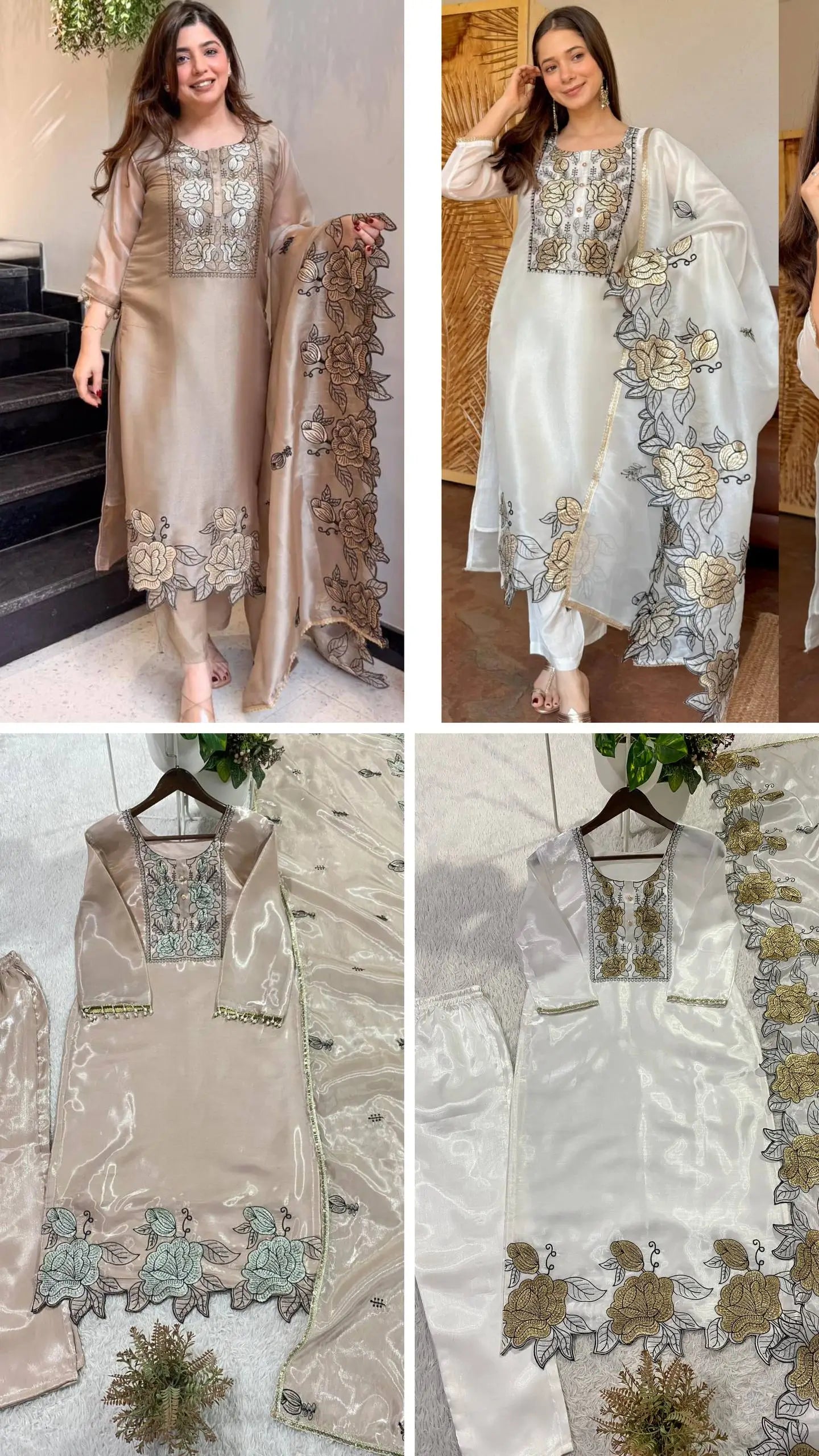 Champagne Organza Silk Embroidered Kurta Pant Dupatta Set for Festive and Elegant Occasions
