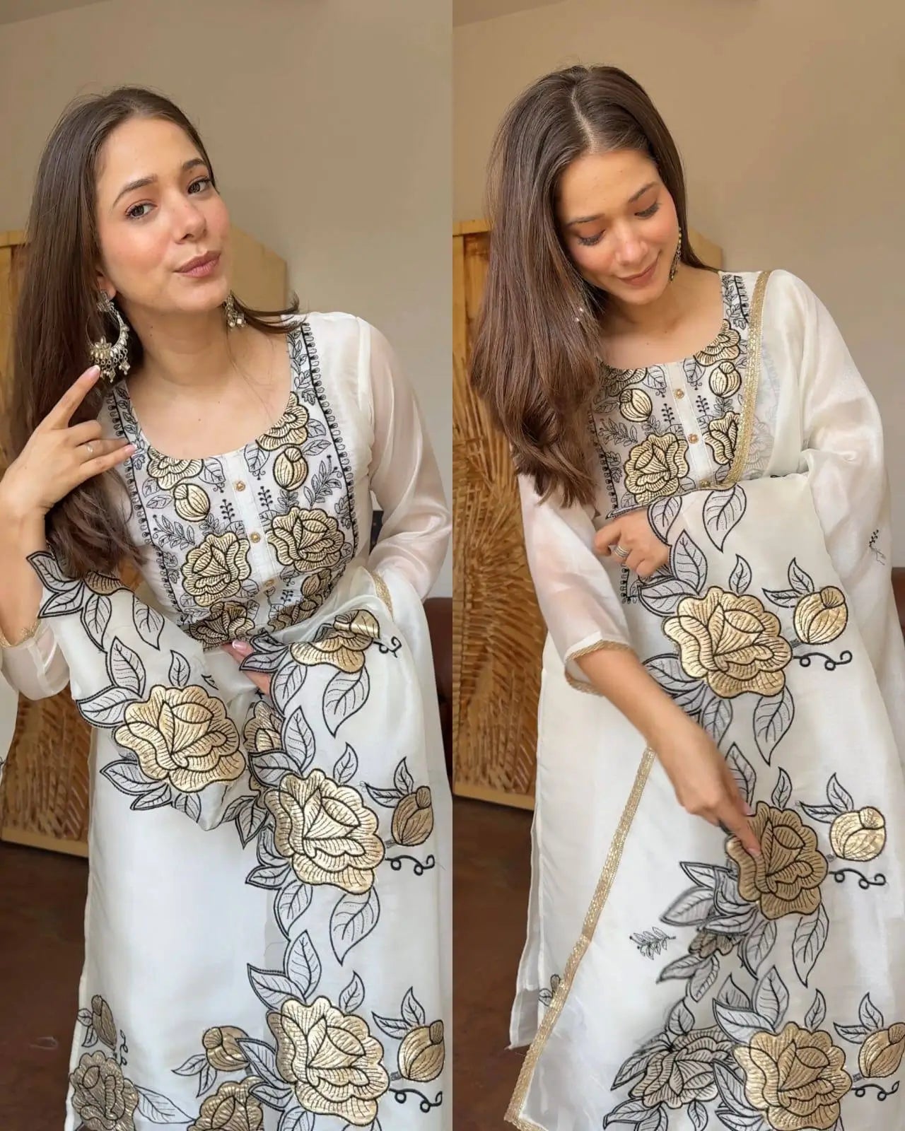 Champagne Organza Silk Embroidered Kurta Pant Dupatta Set for Festive and Elegant Occasions