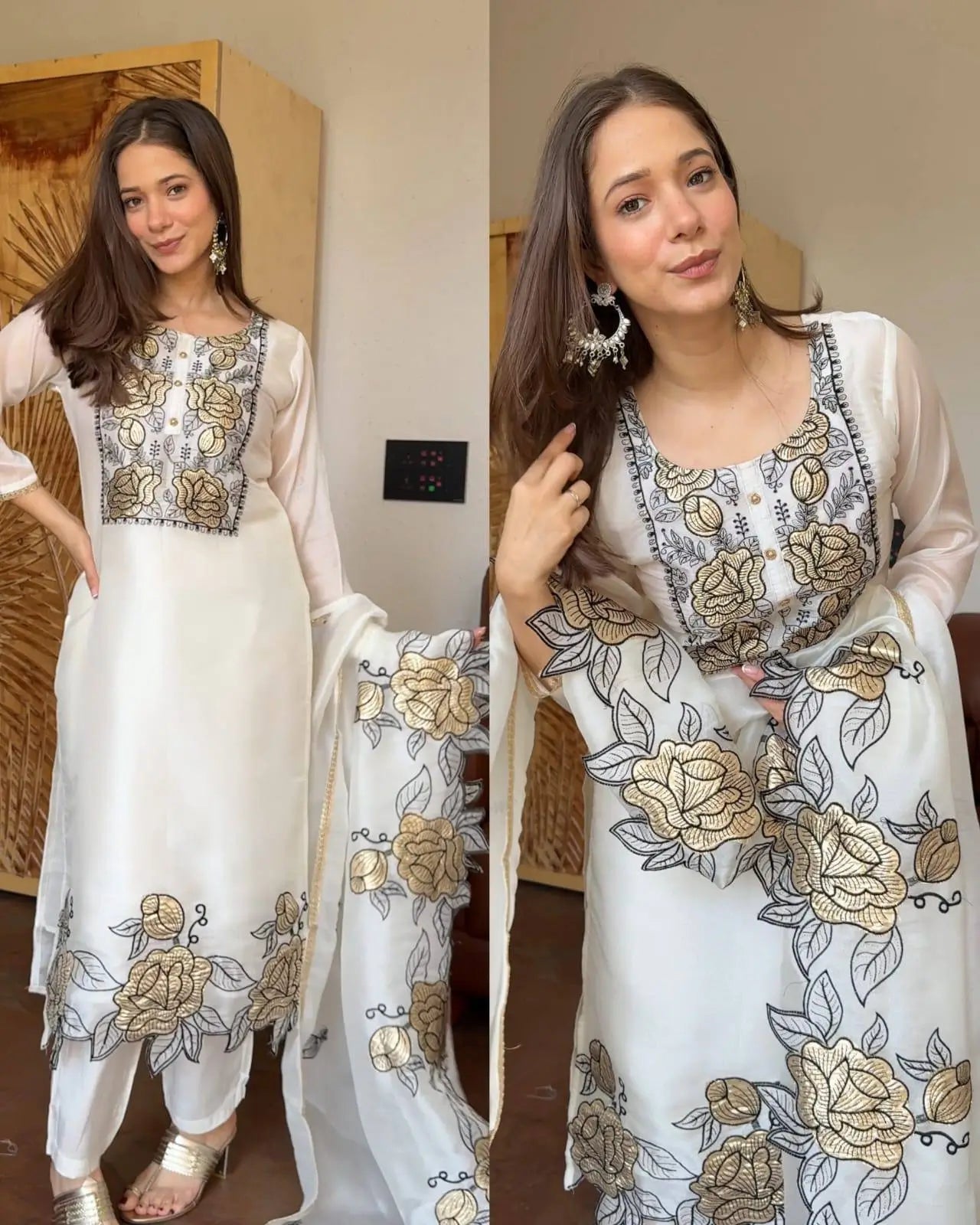 Champagne Organza Silk Embroidered Kurta Pant Dupatta Set for Festive and Elegant Occasions