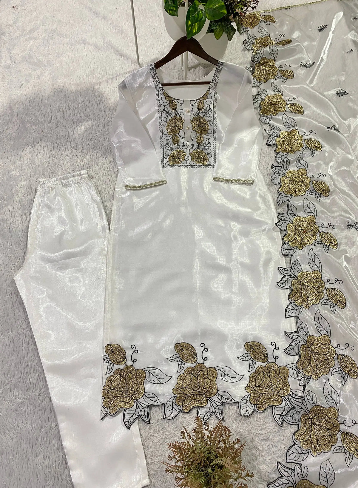 Champagne Organza Silk Embroidered Kurta Pant Dupatta Set for Festive and Elegant Occasions