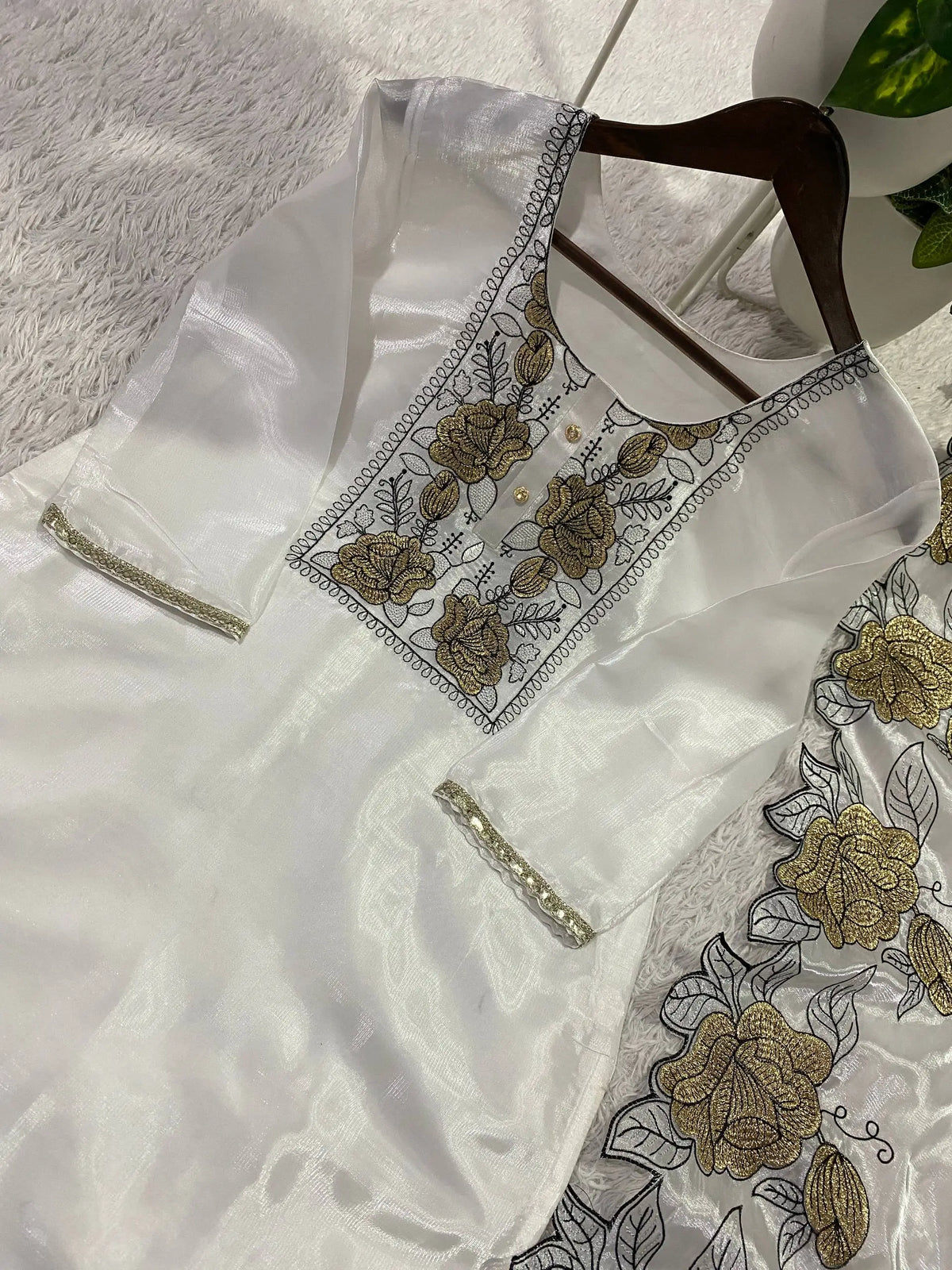 Champagne Organza Silk Embroidered Kurta Pant Dupatta Set for Festive and Elegant Occasions