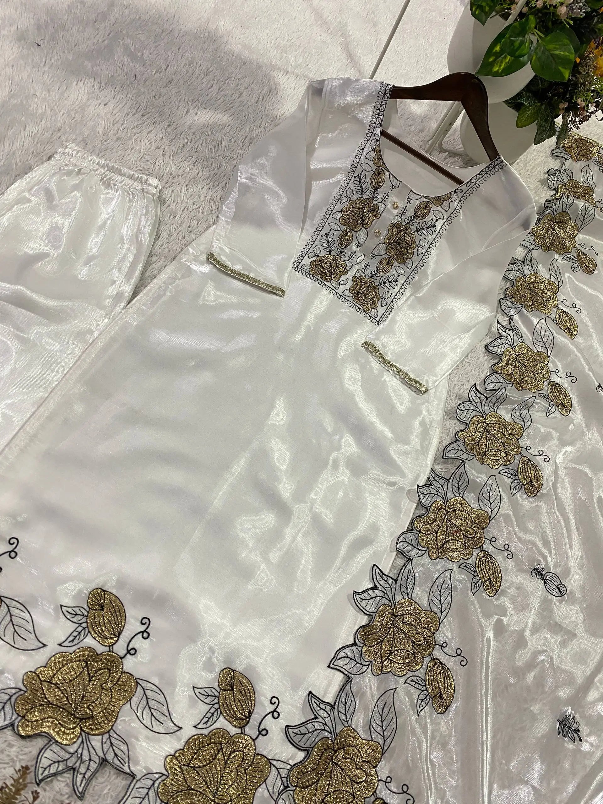 Champagne Organza Silk Embroidered Kurta Pant Dupatta Set for Festive and Elegant Occasions
