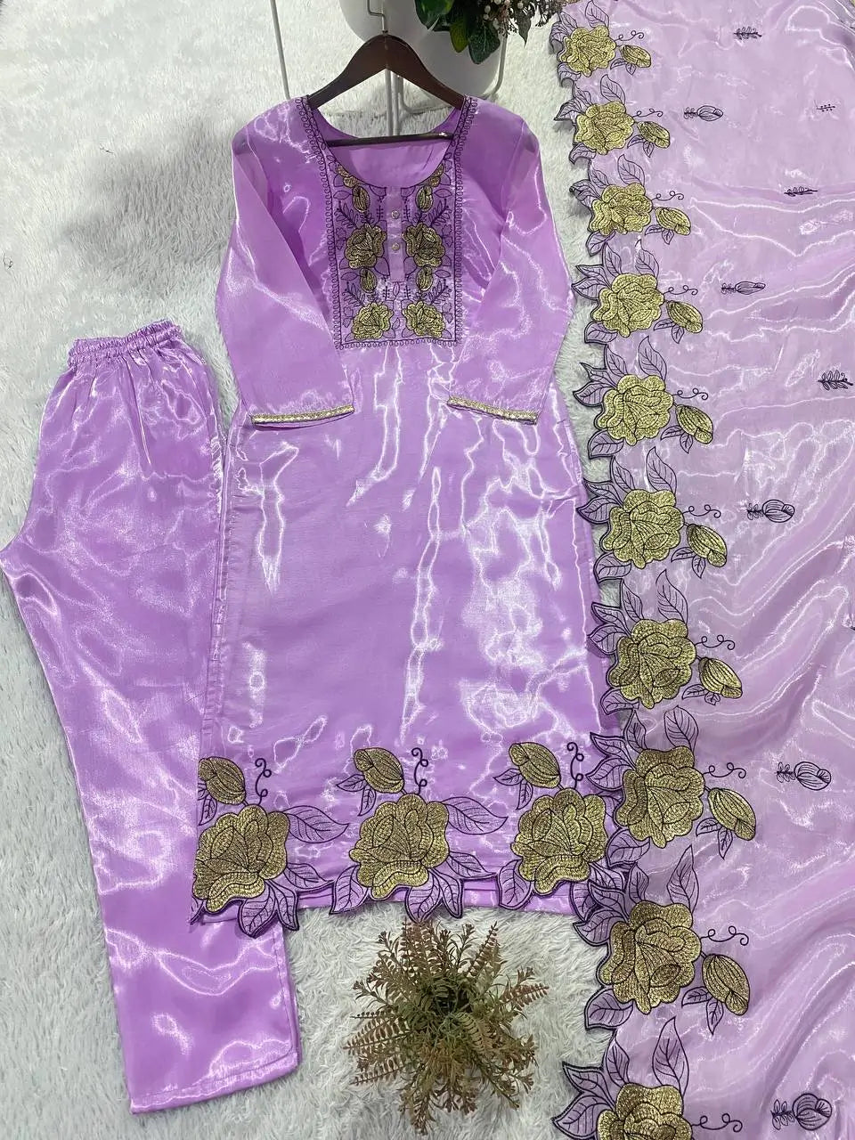 Champagne Organza Silk Embroidered Kurta Pant Dupatta Set for Festive and Elegant Occasions